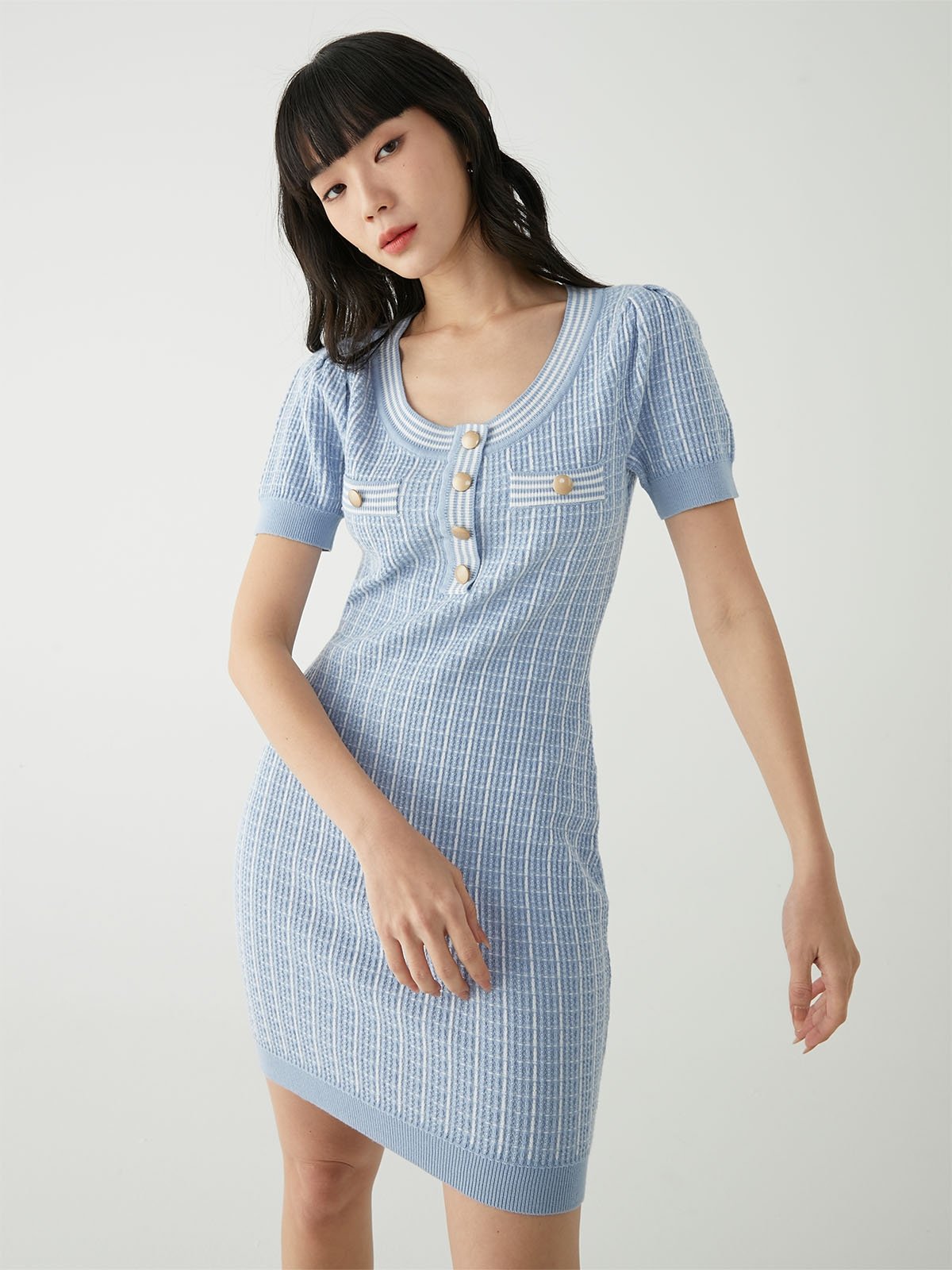 blue checkerboard dress