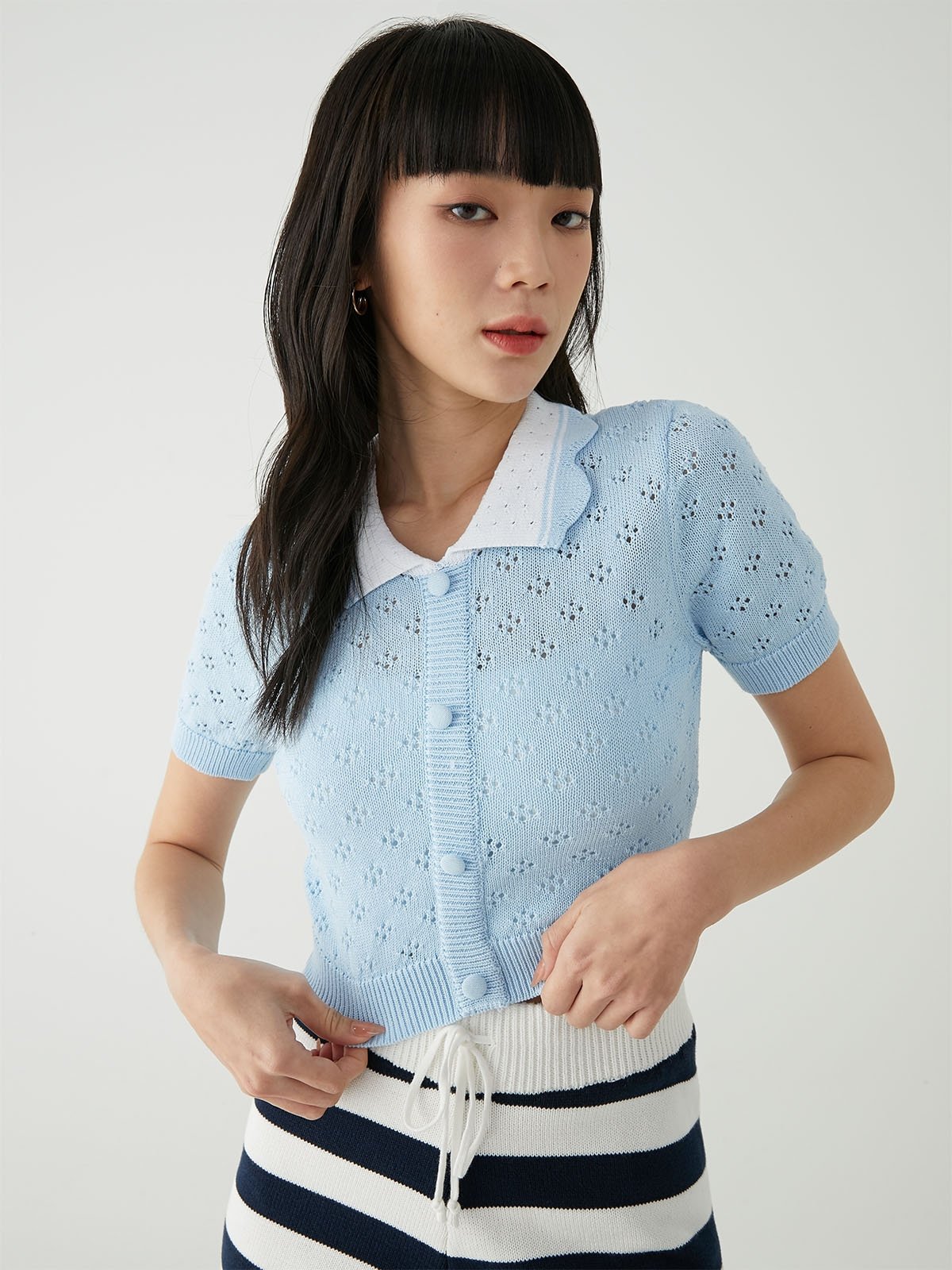 Button Front Knit Top Blue Pomelo Fashion
