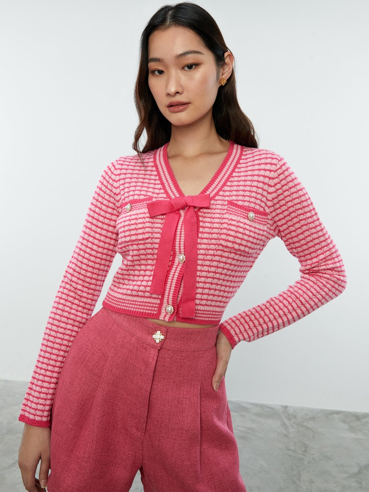 Bow Long Sleeve Cardigan Pink