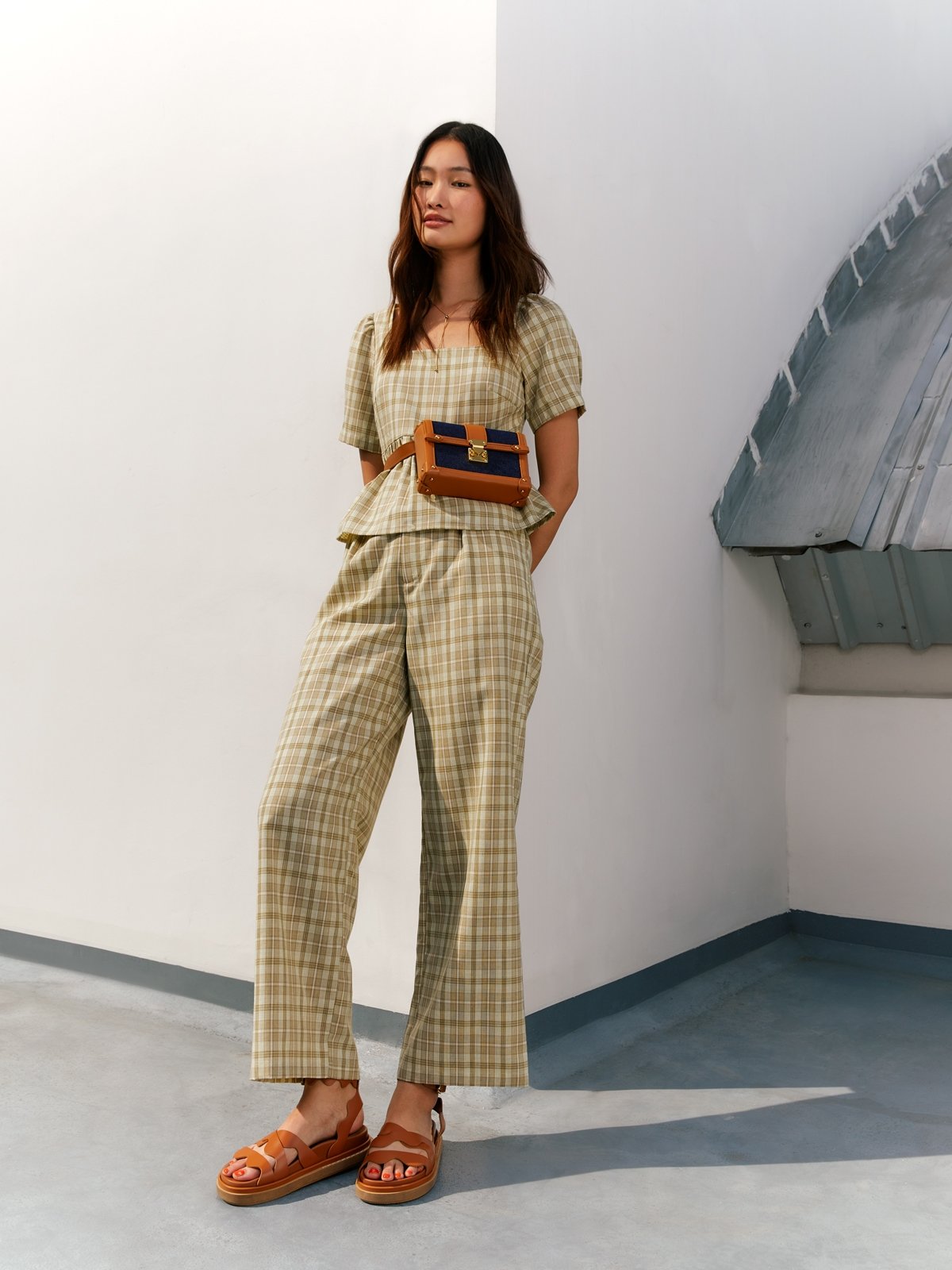 Checkered Pants Green Pomelo Fashion