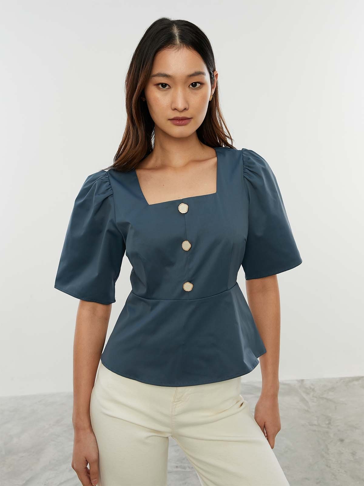 Ruffle Detailed Blouse Blue Pomelo Fashion ruffle-detailed-blouse-blue-pomelo-fashion