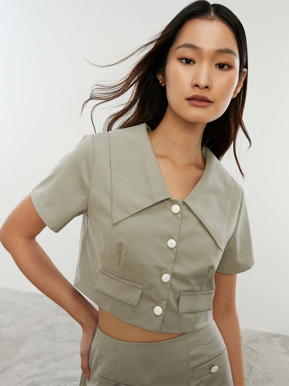 collar-detail-short-sleeve-blouse-light-gray-pomelo-fashion