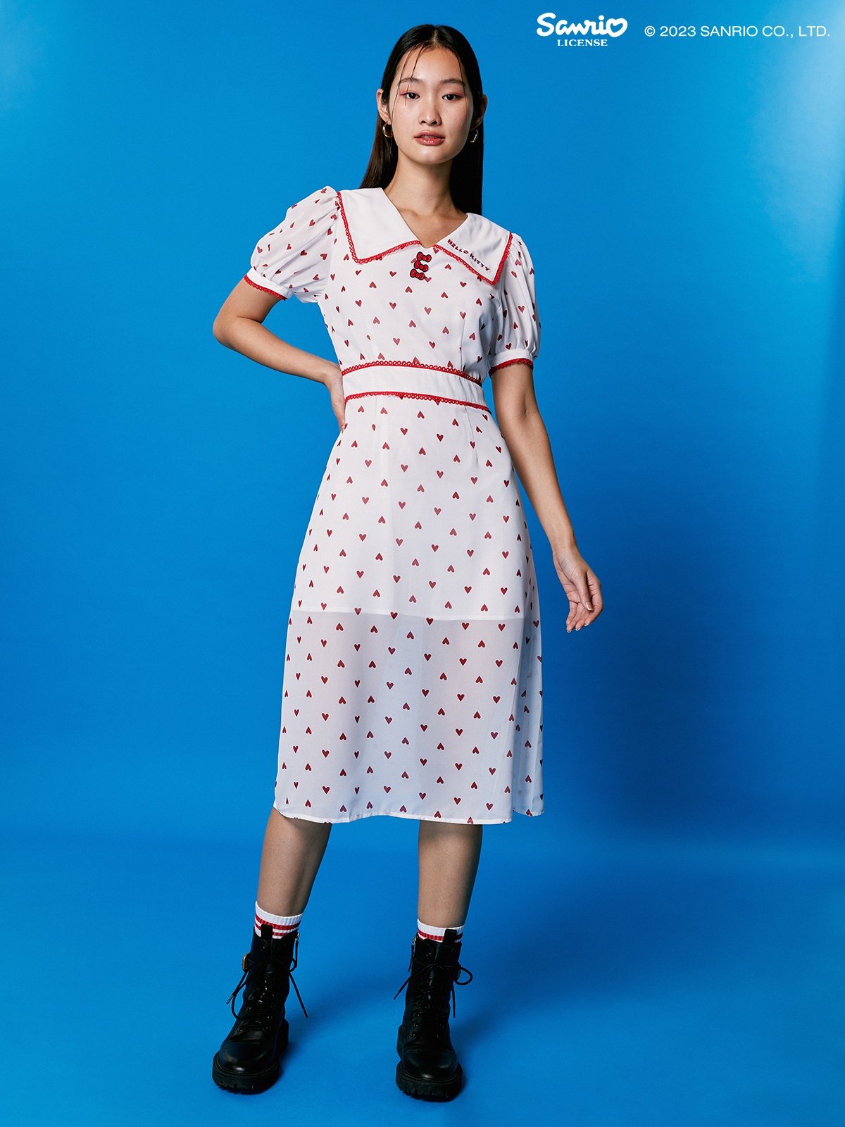 Pomelo x Hello Kitty Sustainable Ribbon Sailor Collared Dress White