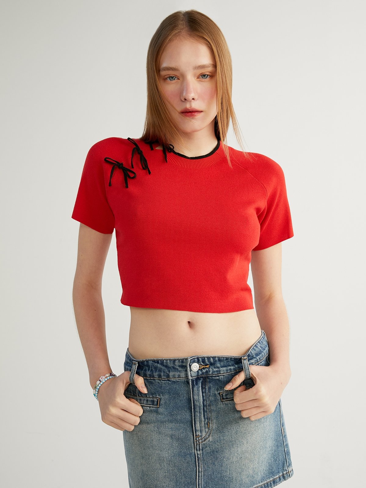 Bow Detail Short Sleeve Crop Top Red Pomelo Fashion