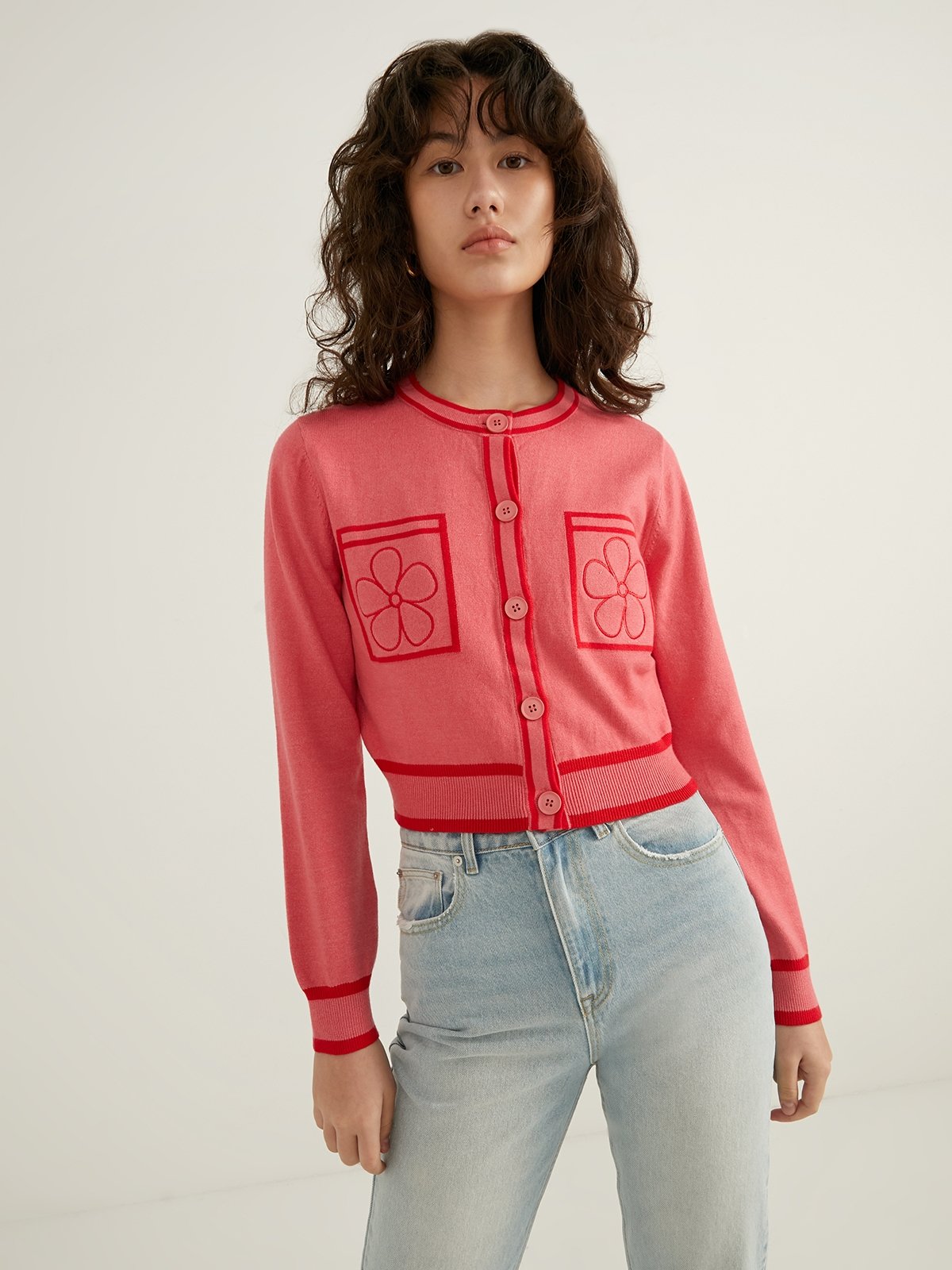 Contrast Trim Cardigan Fuchsia Pomelo Fashion