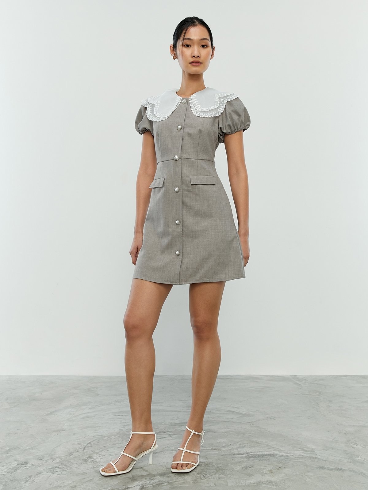 Scalloped Collar Mini Dress - Dark Grey - Pomelo Fashion