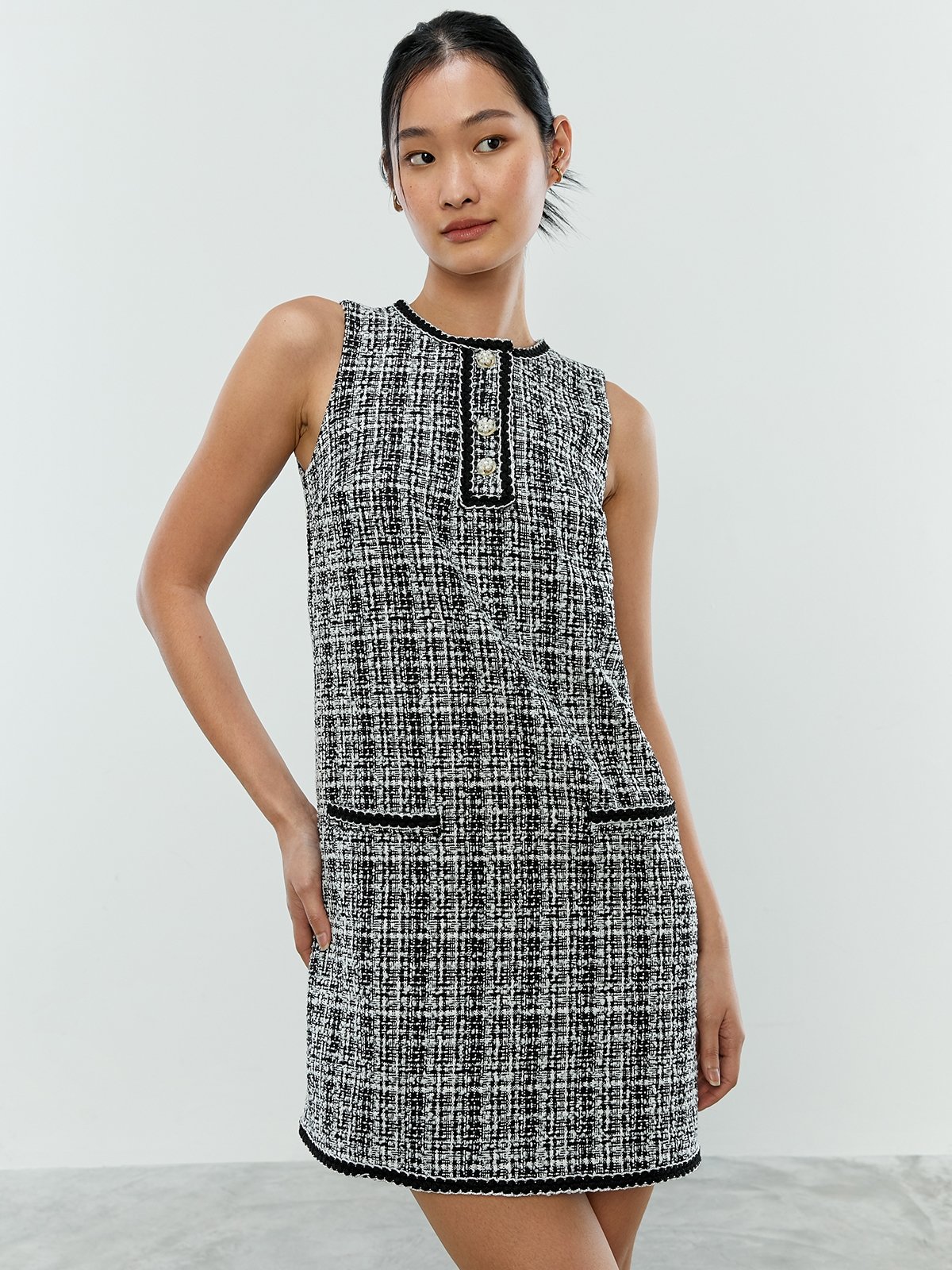 Tweed Crew Neck Sleeveless Mini Dress Black Pomelo Fashion