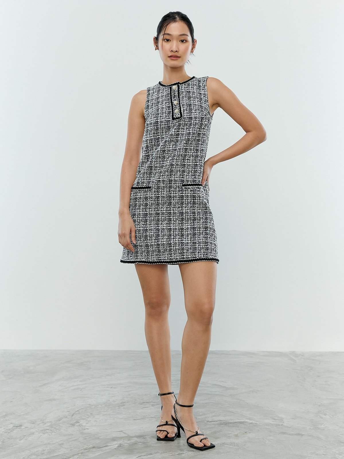 Tweed Crew Neck Sleeveless Mini Dress Black Pomelo Fashion