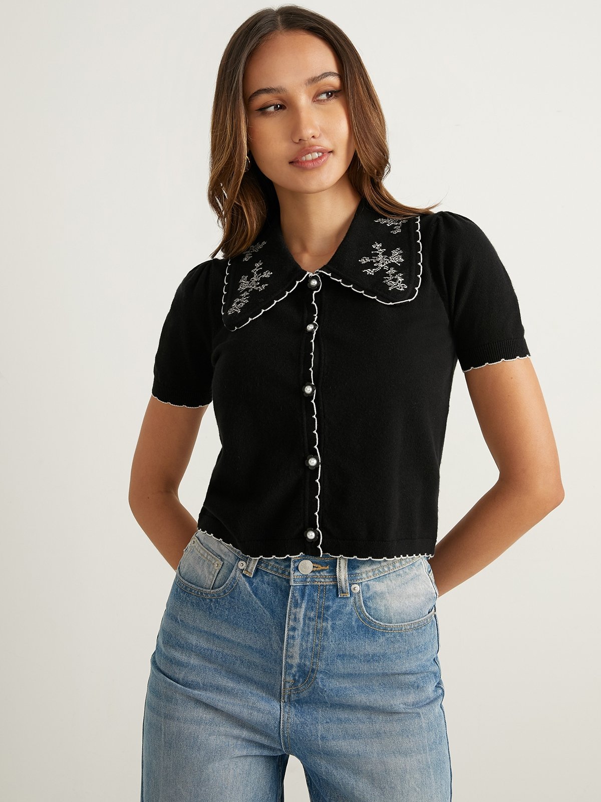 Embroidered Collar Blouse Black Pomelo Fashion
