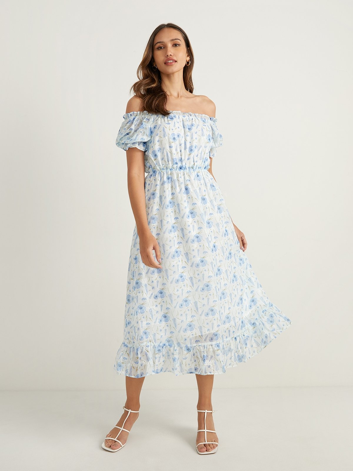 White floral dress off the shoulder sales