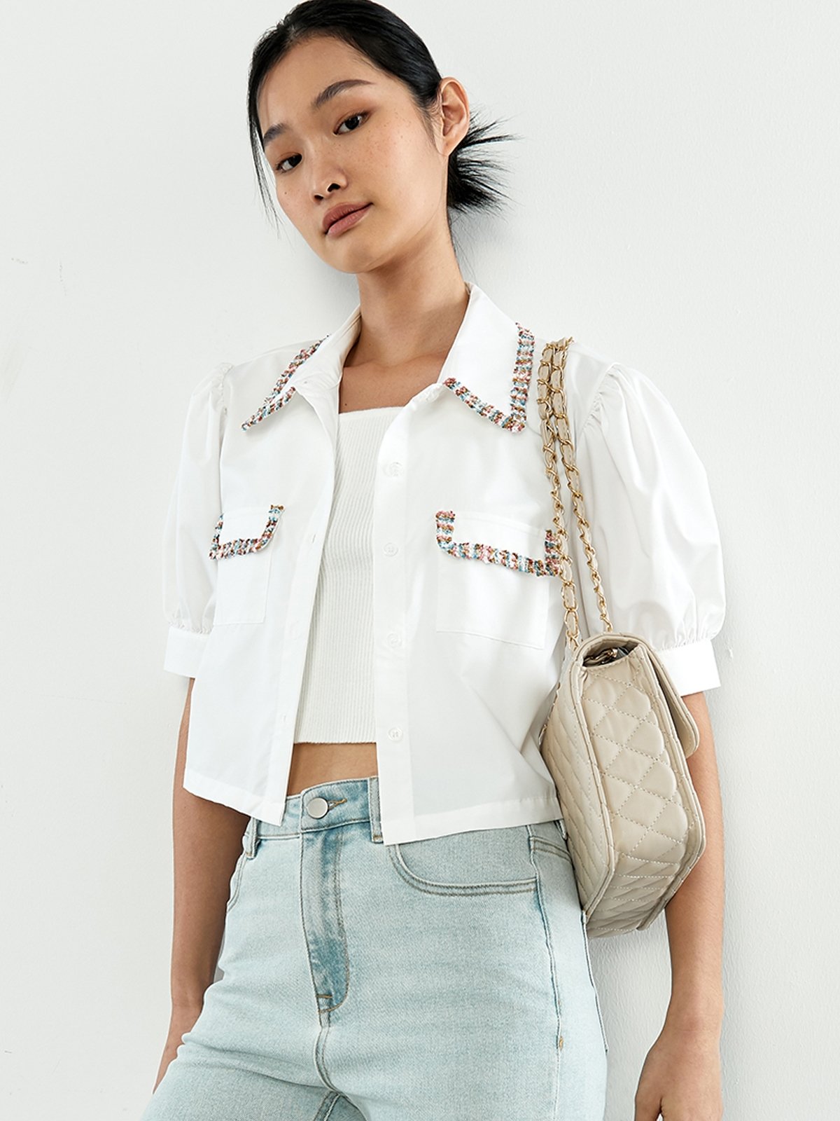 Toggle Detailed Puff Sleeve Cropped Shirt main image 1