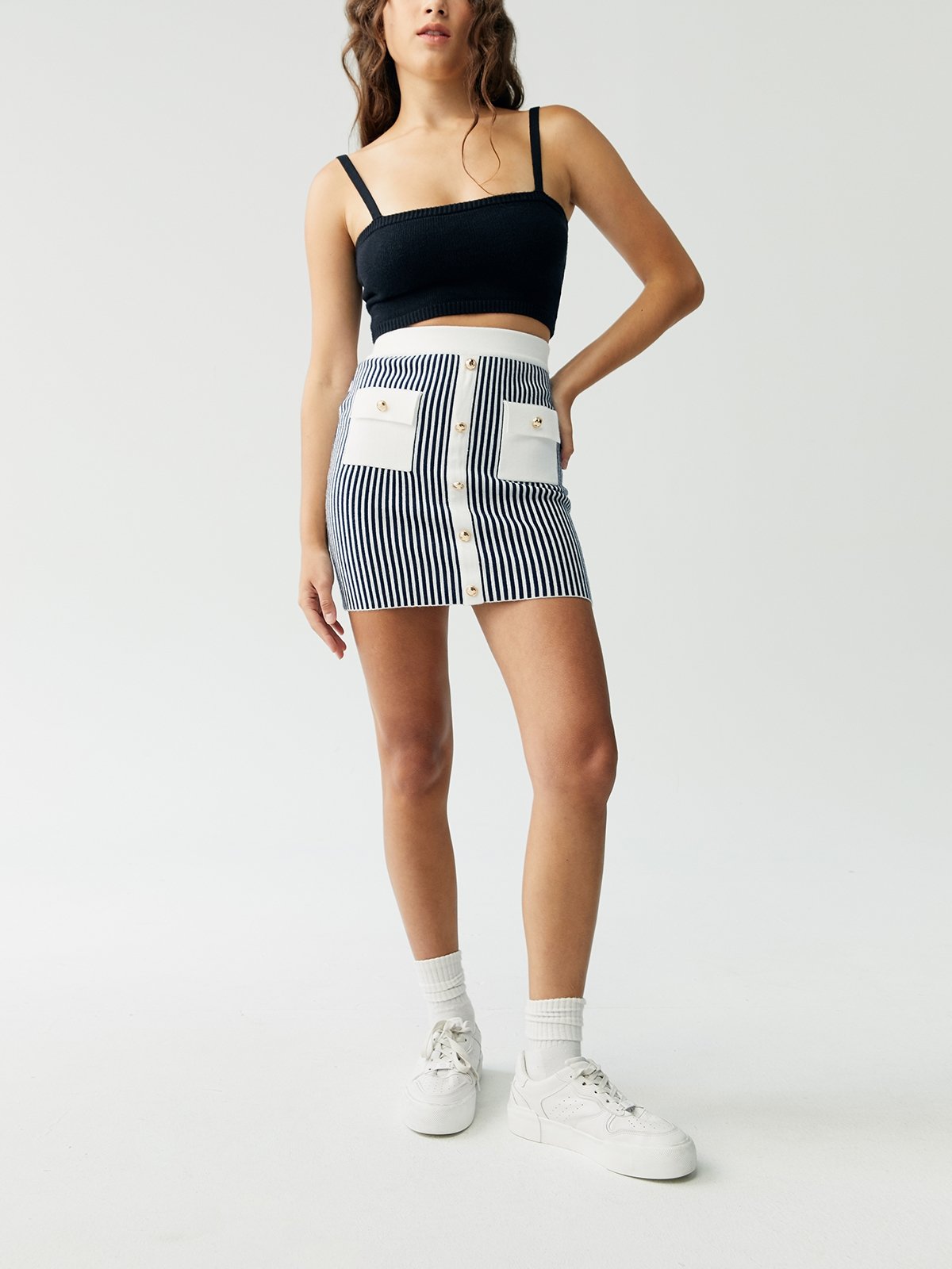 Striped Pocket Details Mini Skirt Navy Pomelo Fashion