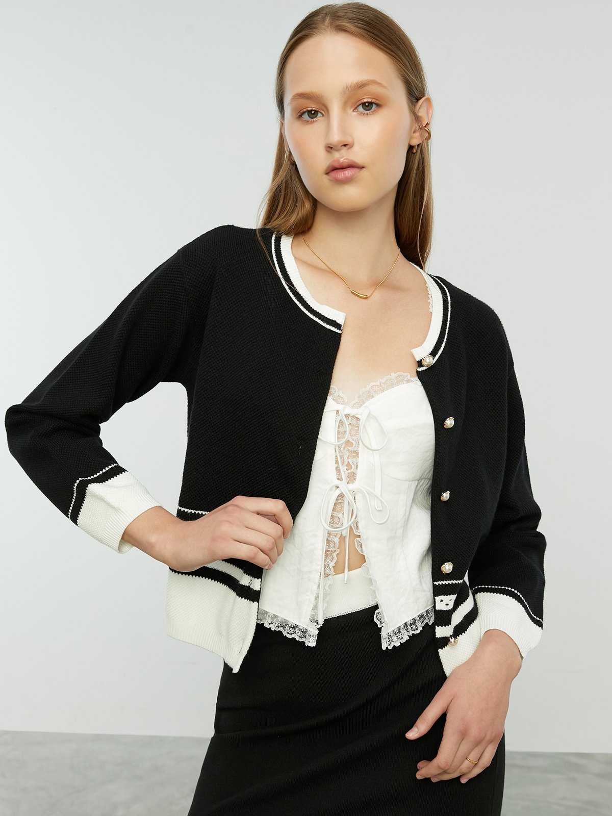 Stripe Long Sleeve Cardigan Black White Pomelo Fashion