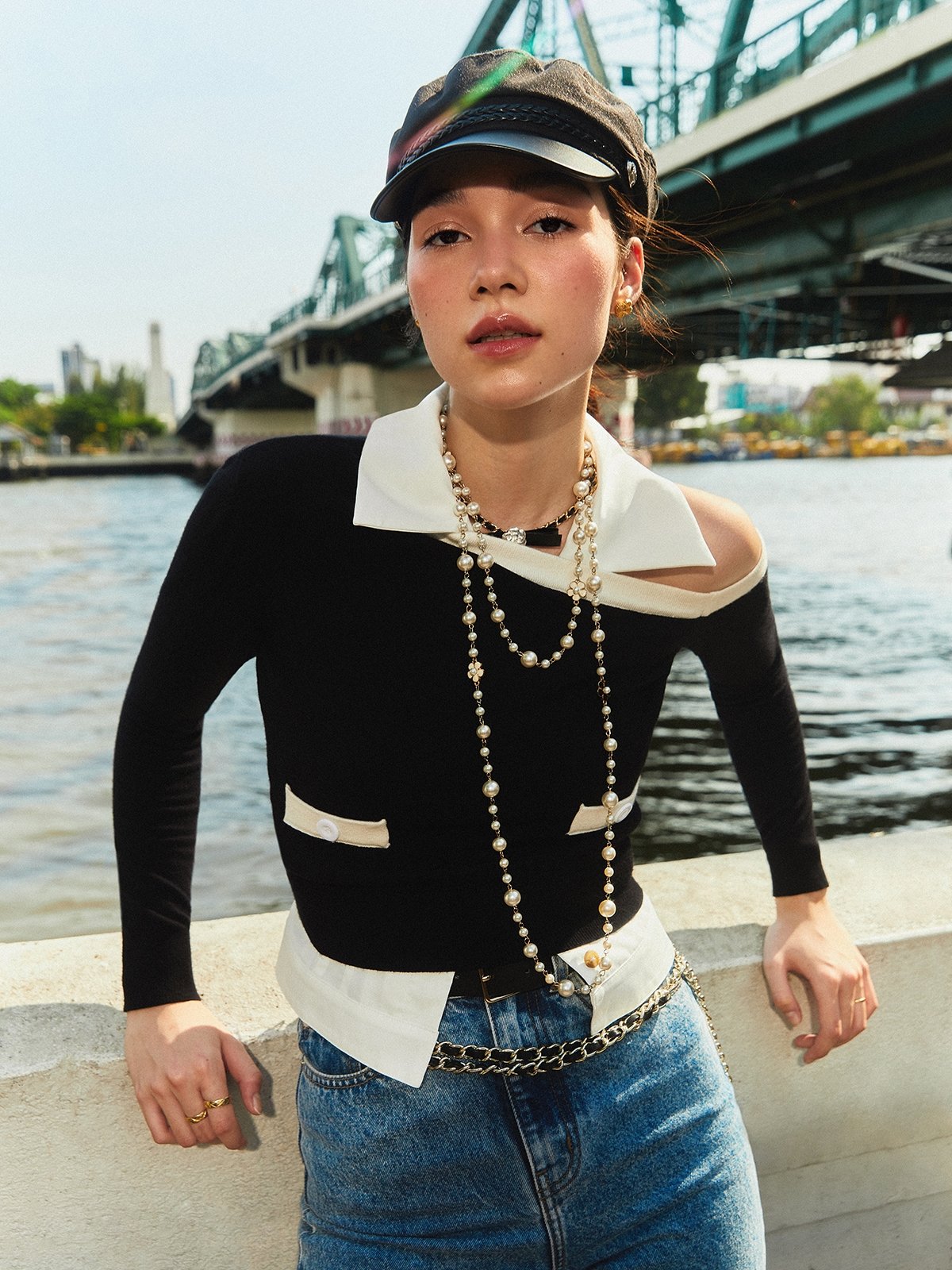 POL Flower Dropped Shoulder Long Sleeve Knit Top