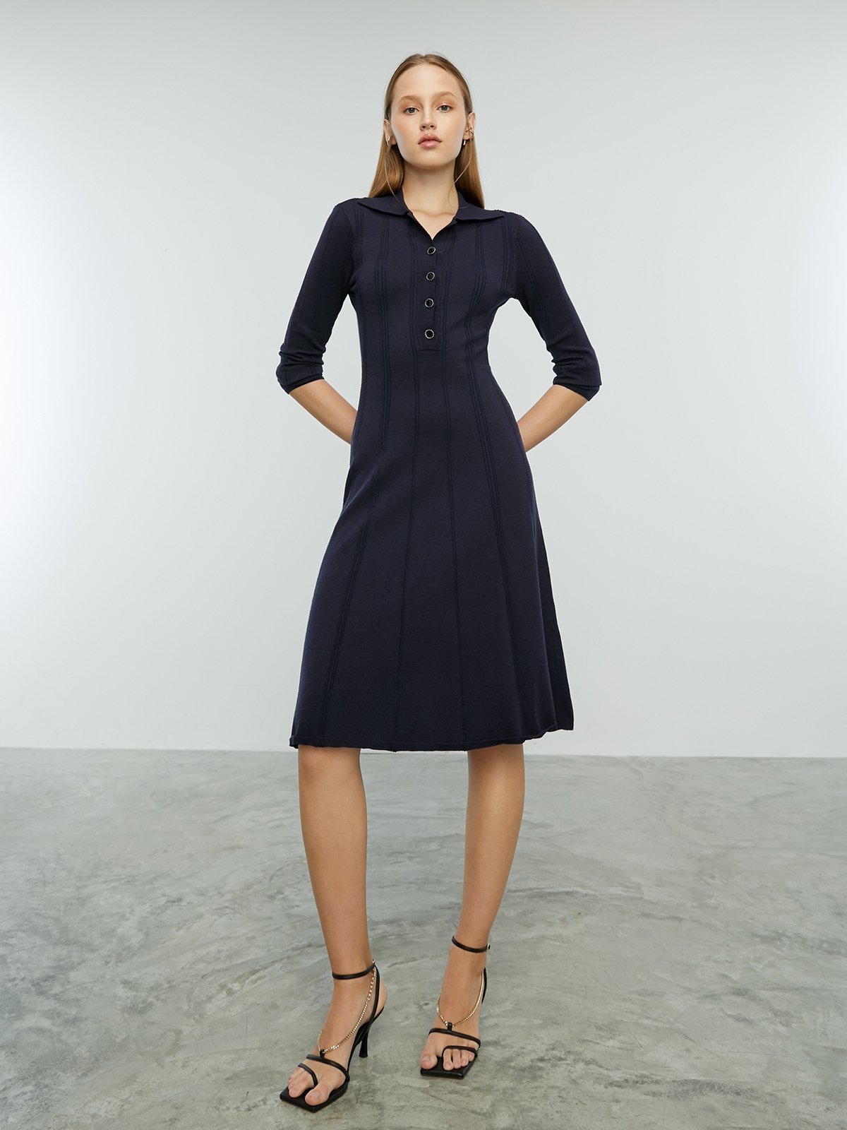 V neck Midi Dress Navy Pomelo Fashion