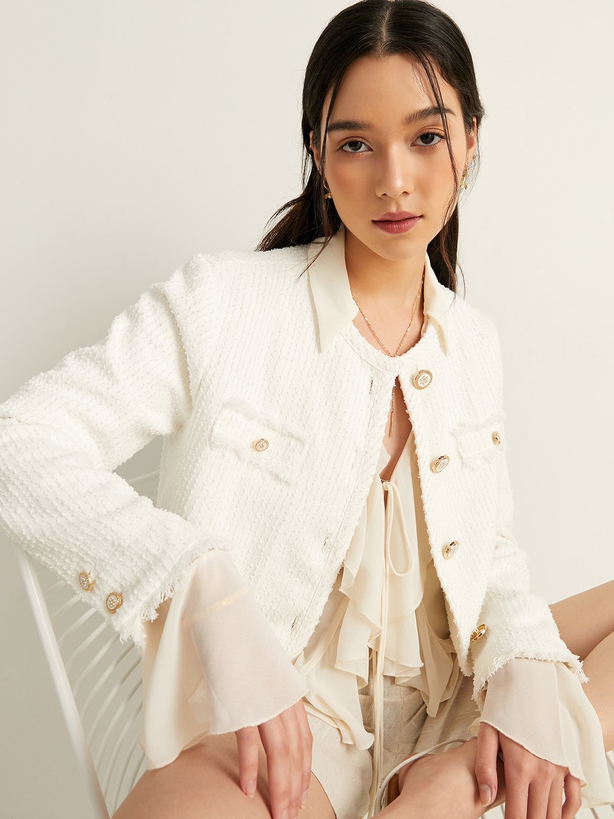 Button Detail Shearling Jacket White Pomelo Fashion 