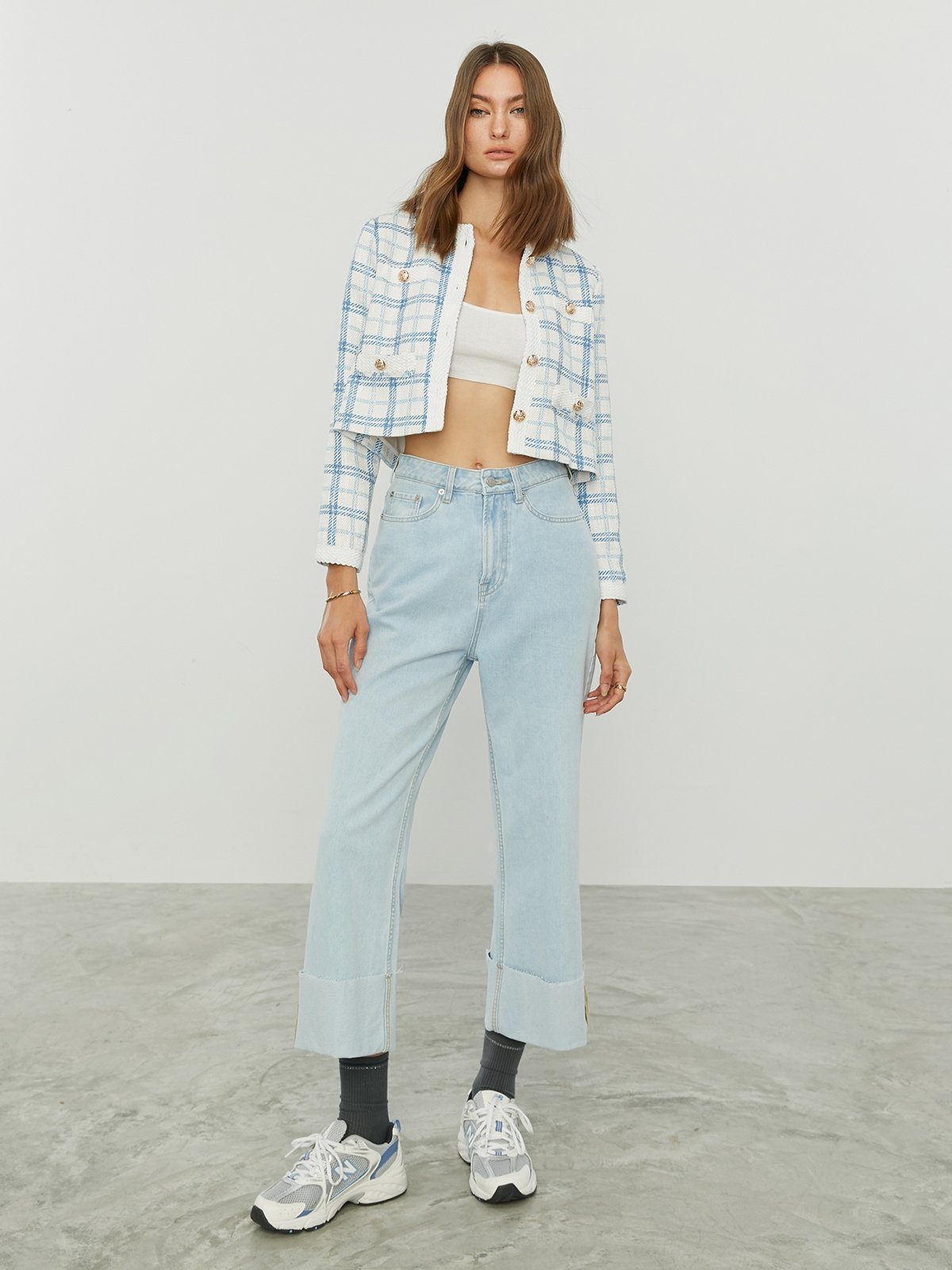 Cropped Tartan Jacket Blue Pomelo Fashion