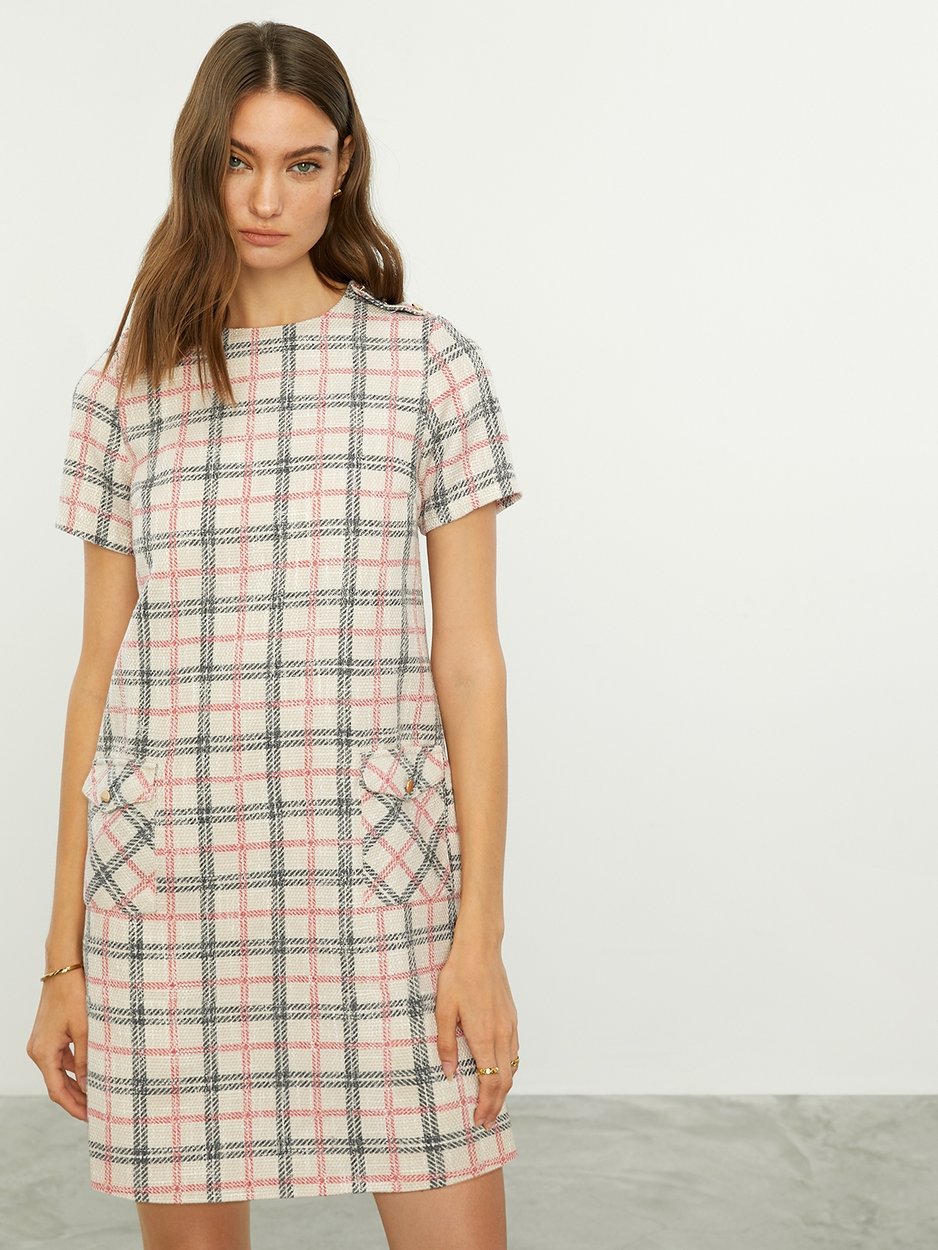 A-line Tartan Mini Dress - Beige - Pomelo Fashion A-line Tartan Mini Dress - Beige - Pomelo Fashion