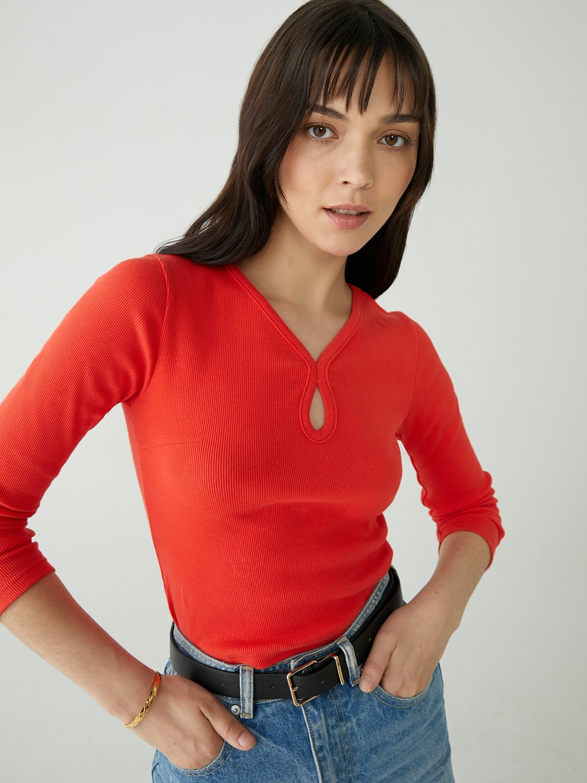 Long Sleeve Keyhole Top Orange Pomelo Fashion