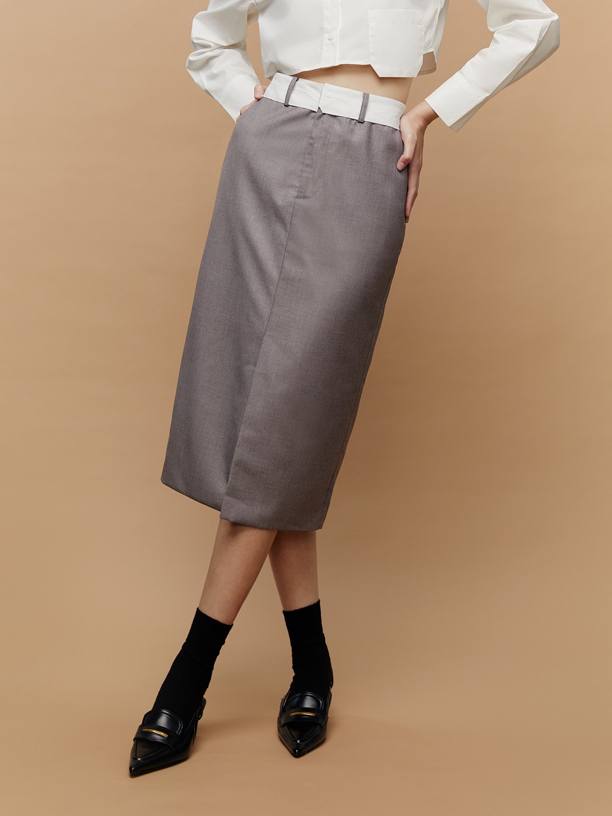 Front Slit Skirt - Mid Grey - Pomelo Fashion