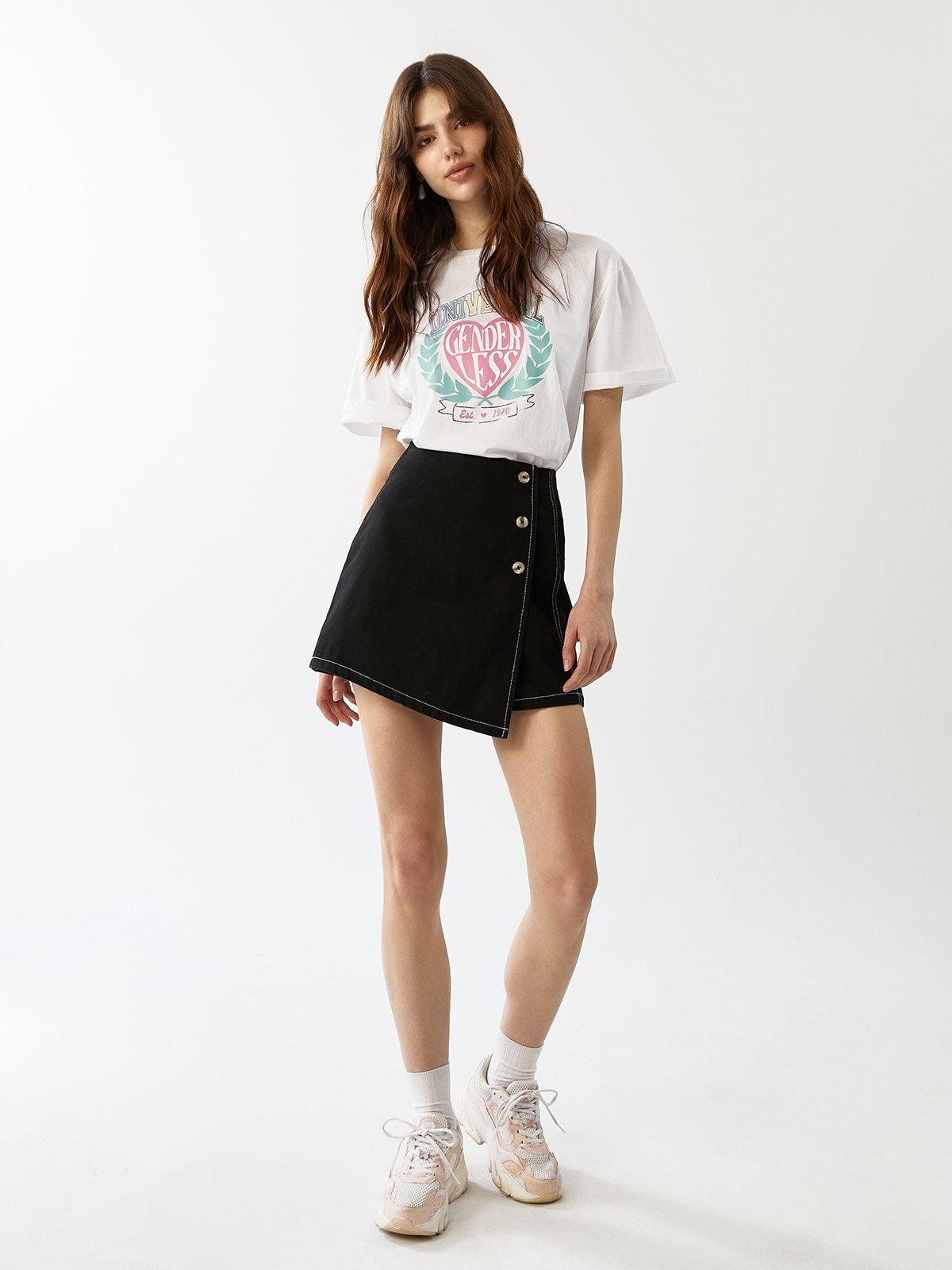 Front Button Denim Skort Black Pomelo Fashion