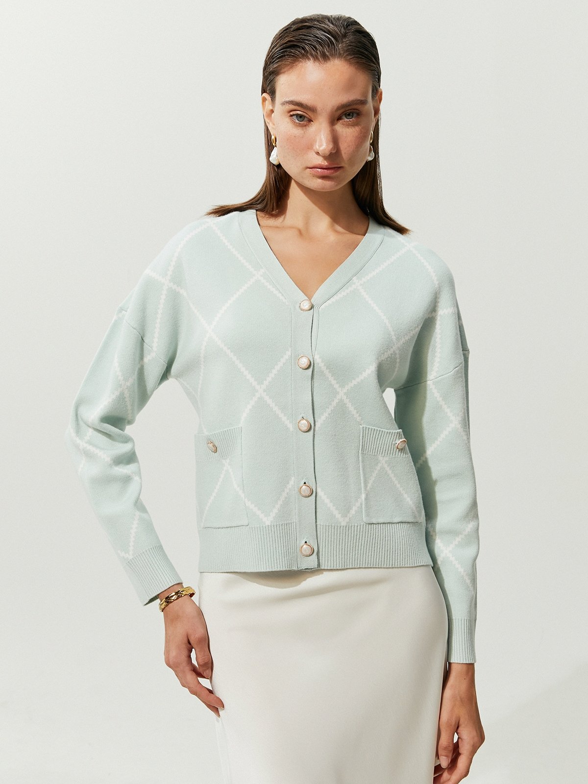 Checkered V neck Cardigan Green