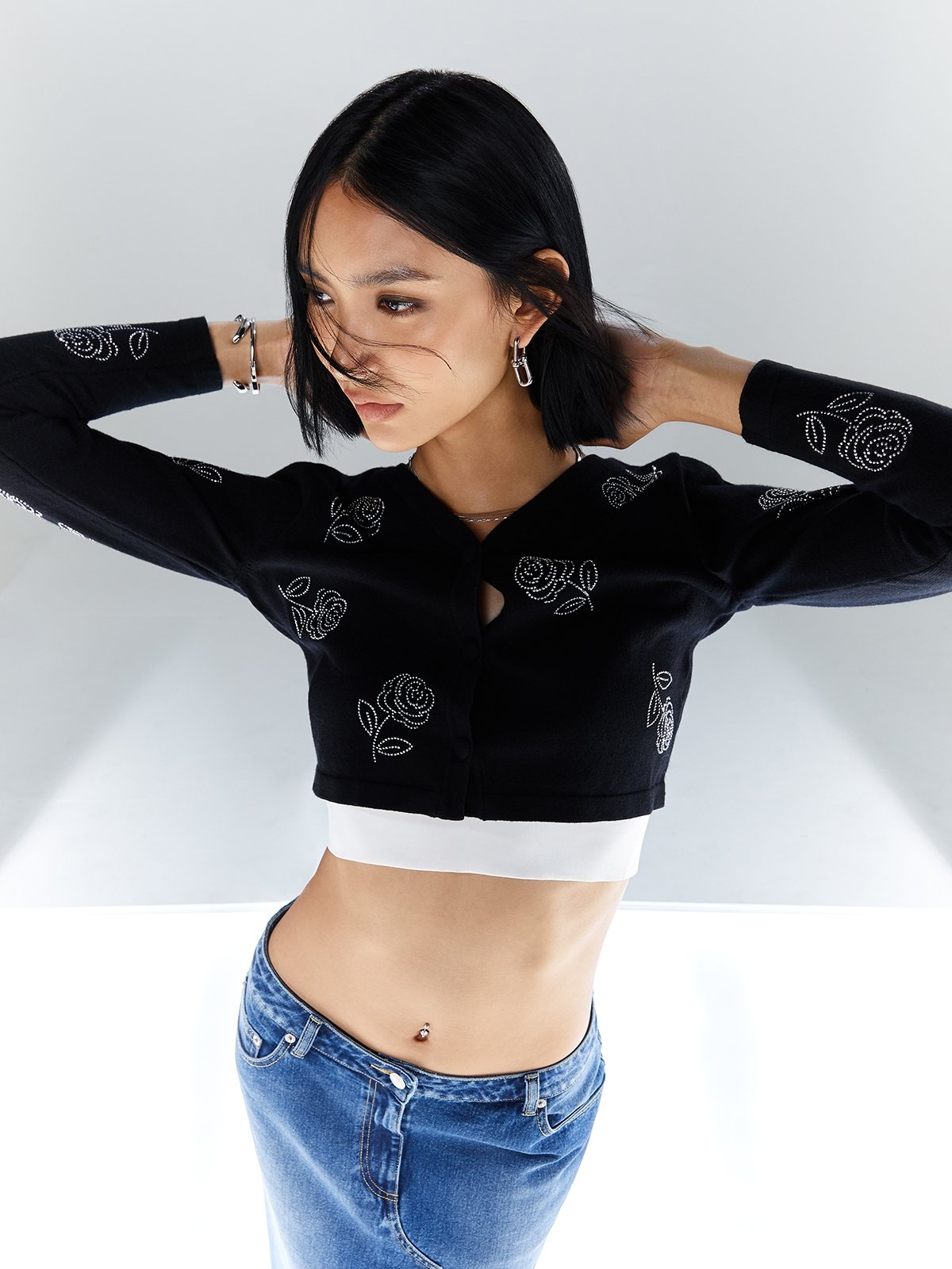 Sequin Embroidered Long Sleeve Top Black
