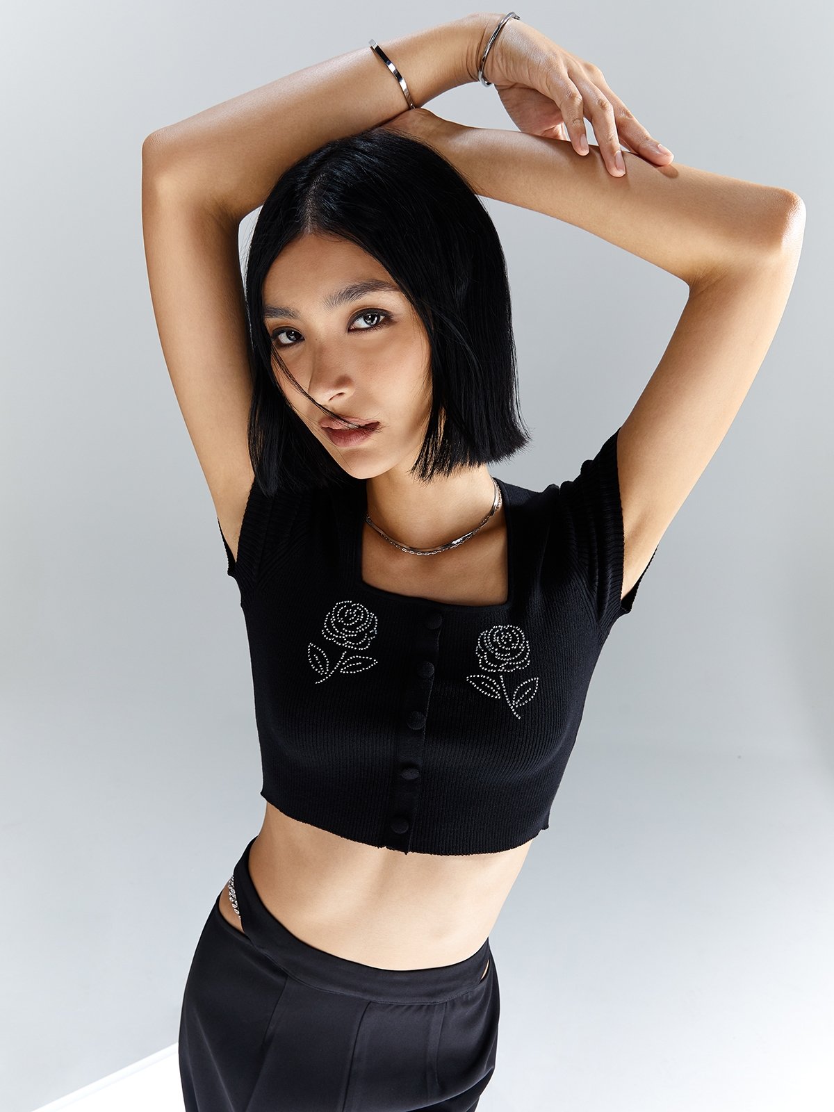 Square neck embroidered blouse black pomelo fashion