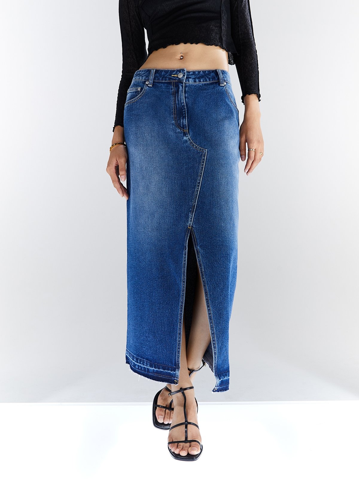 Front Slit Denim Skirt - Blue