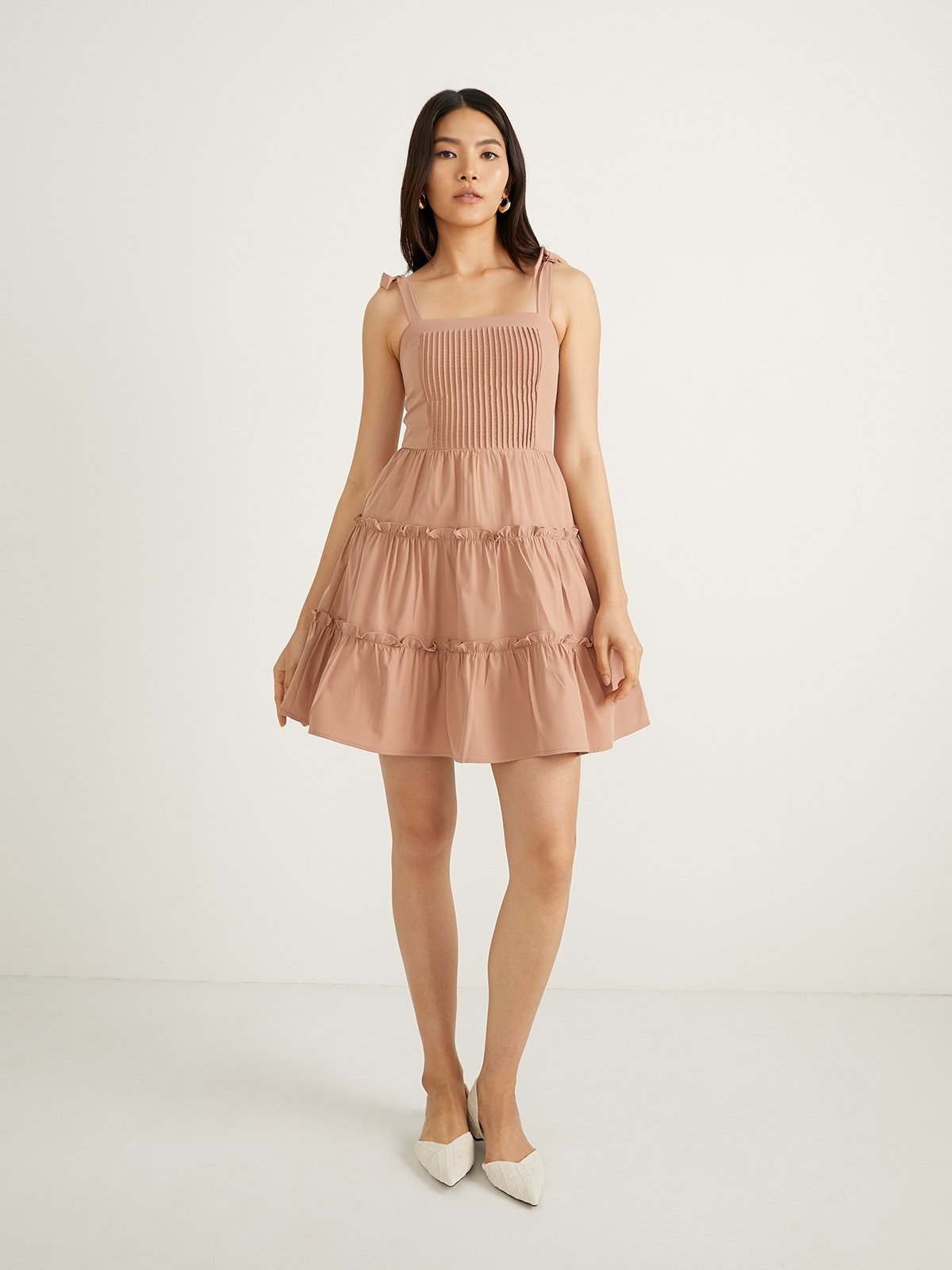 Ruffled Mini Dress Beige Pomelo Fashion