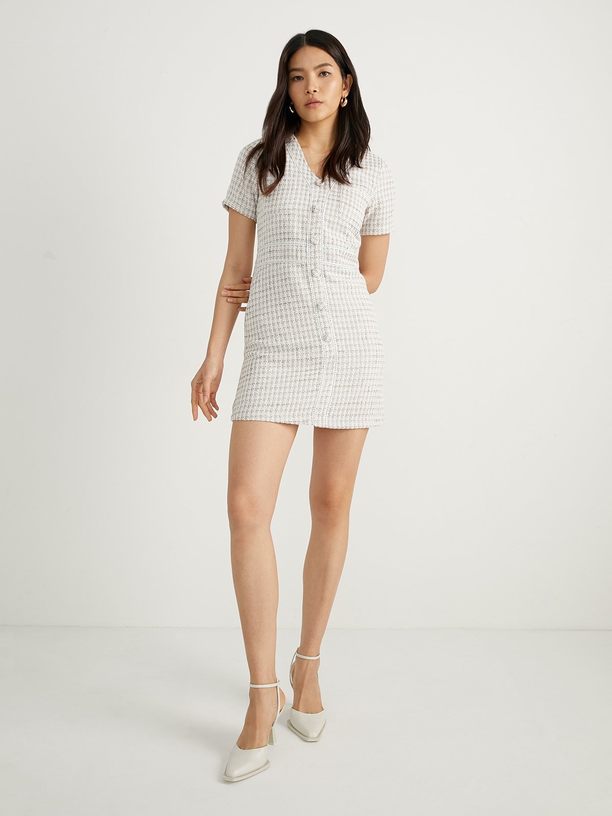 Tweed V neck Mini Dress Black White Pomelo Fashion