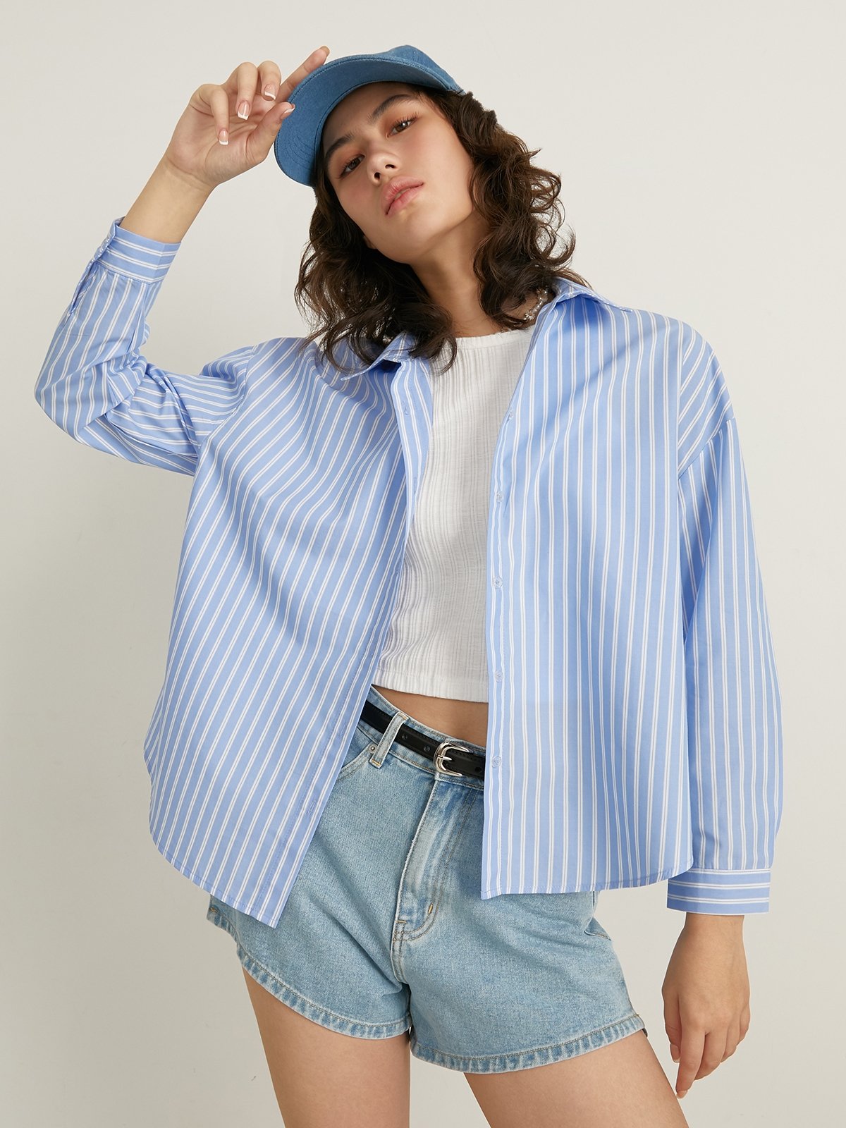 Long Sleeve Shirt Blue Striped Pomelo Fashion 7627