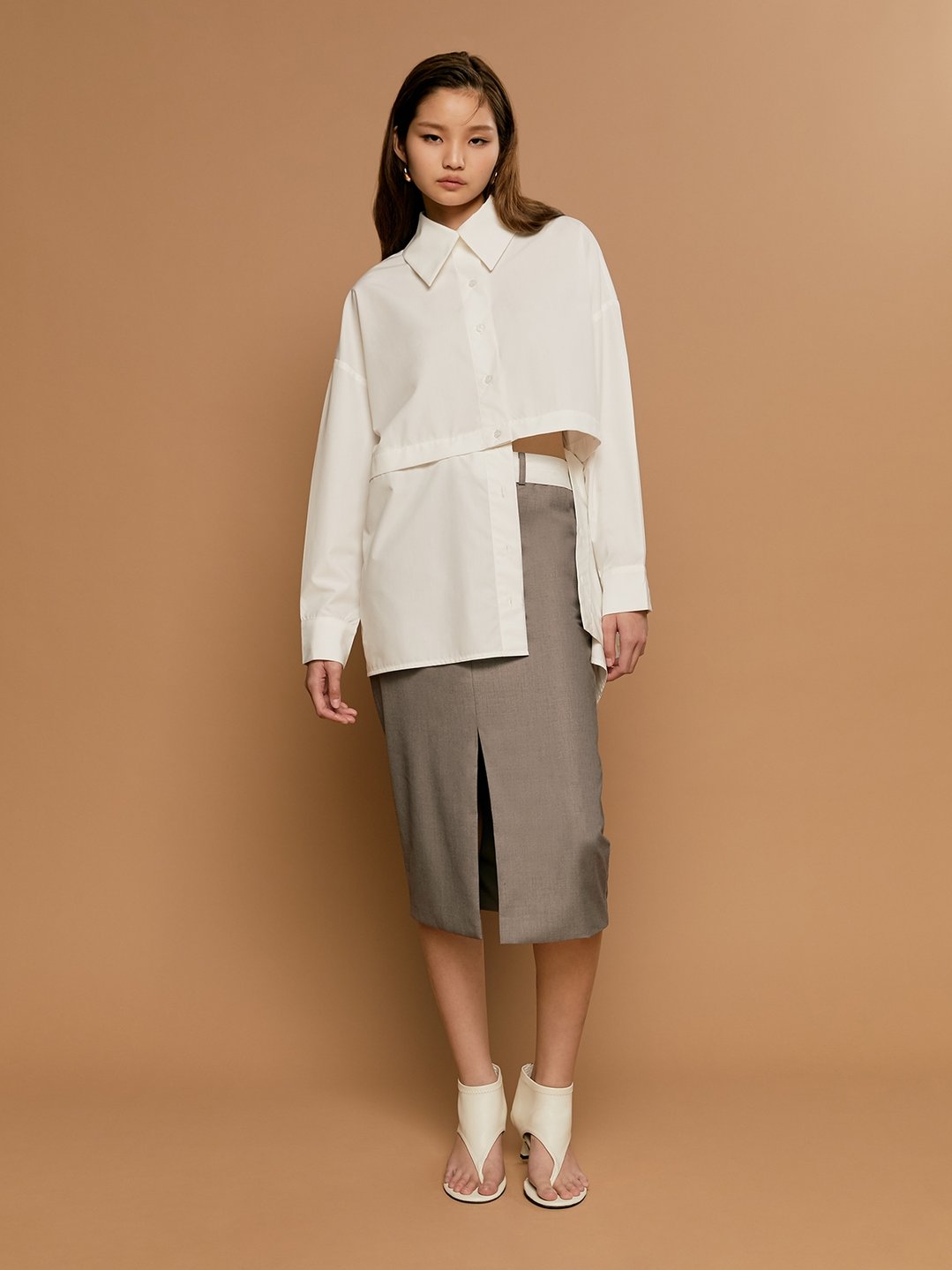 Crop Long Sleeve Shirt - White - Pomelo Fashion