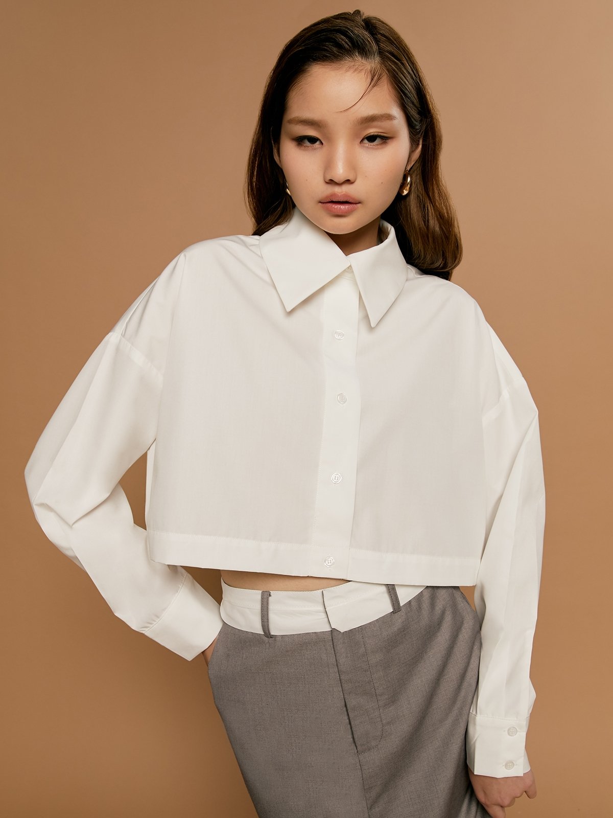 Crop Long Sleeve Shirt - White - Pomelo Fashion