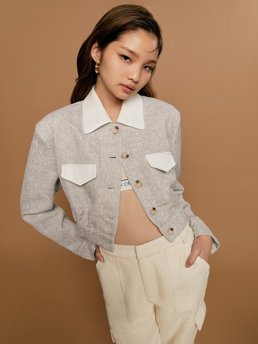 Cropped Jacket - Mid Grey - Pomelo Fashion