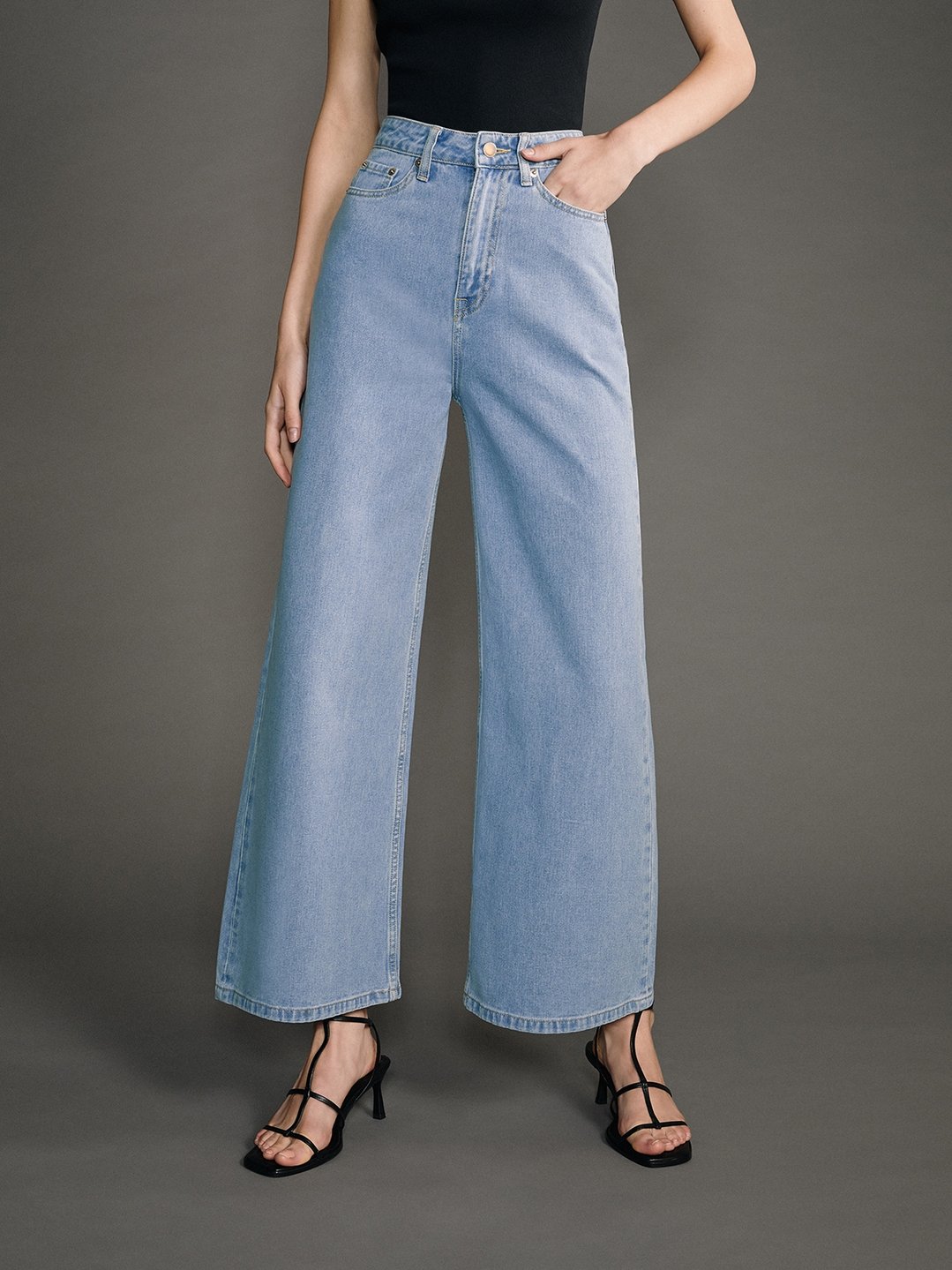 Asymmetrical Straight Leg Jeans - Blue - Pomelo Fashion