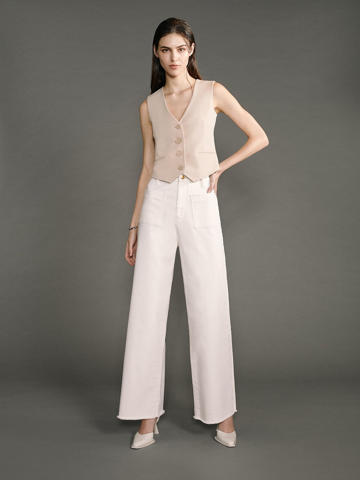 Pocket Detail Straight Leg Jeans White Pomelo Fashion