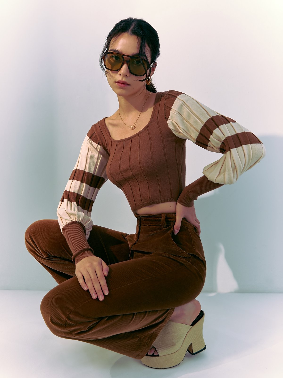 Buffalo Plaid Color Block Balloon Sleeve Top