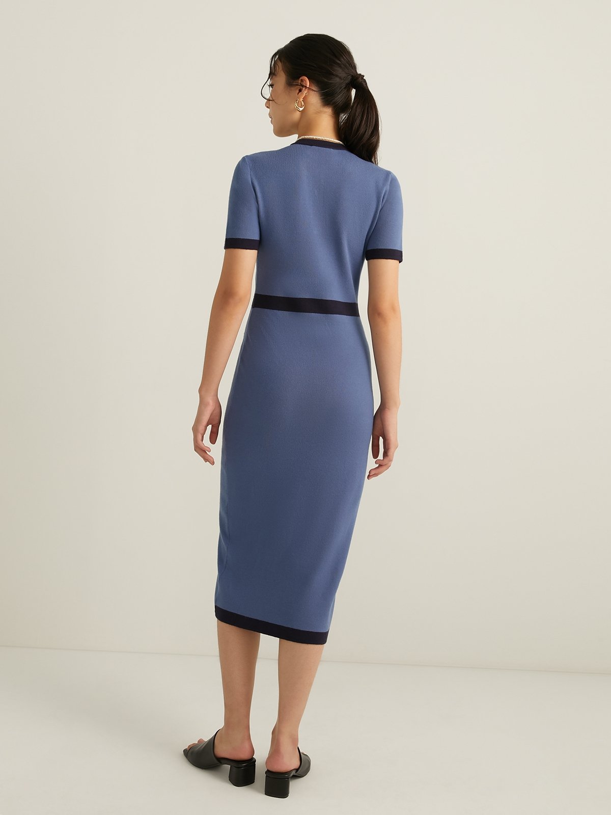 Contrast Trim Midi Dress Blue Pomelo Fashion