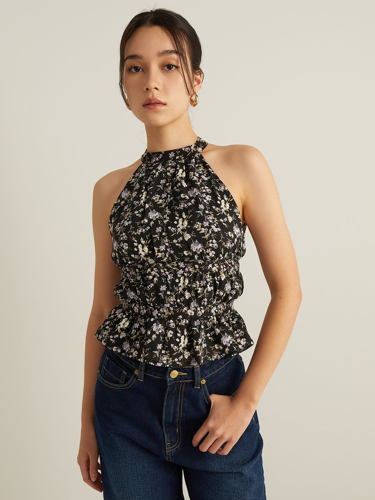 Black halter neck blouse shop