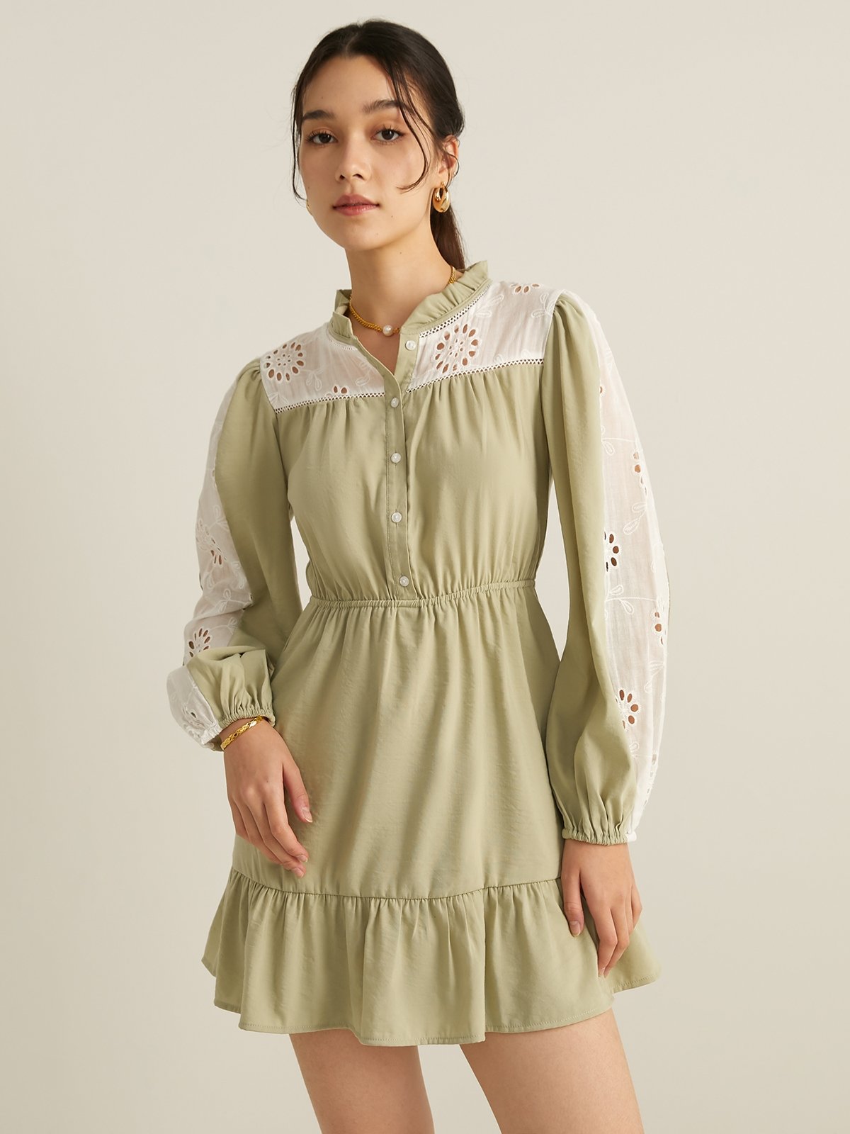 Eyelet Mini Dress Green Pomelo Fashion