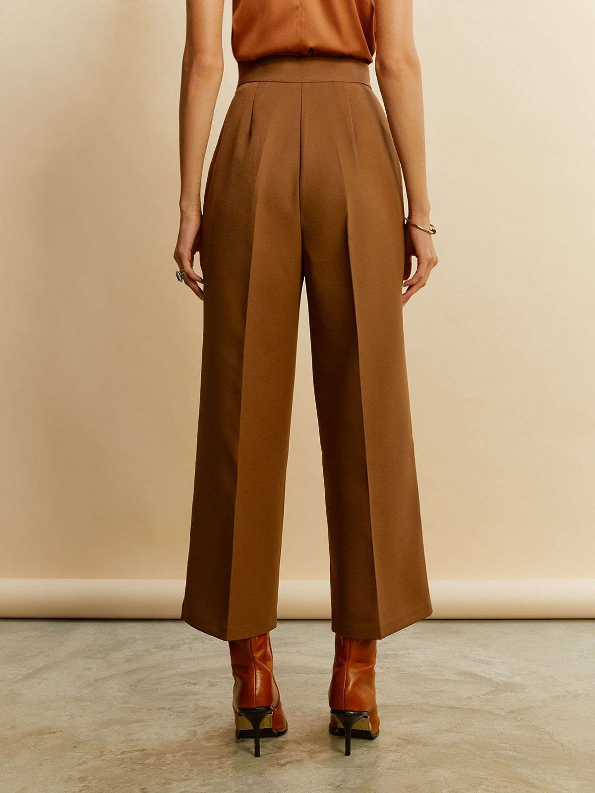 High Waisted Long Pants Brown Pomelo Fashion