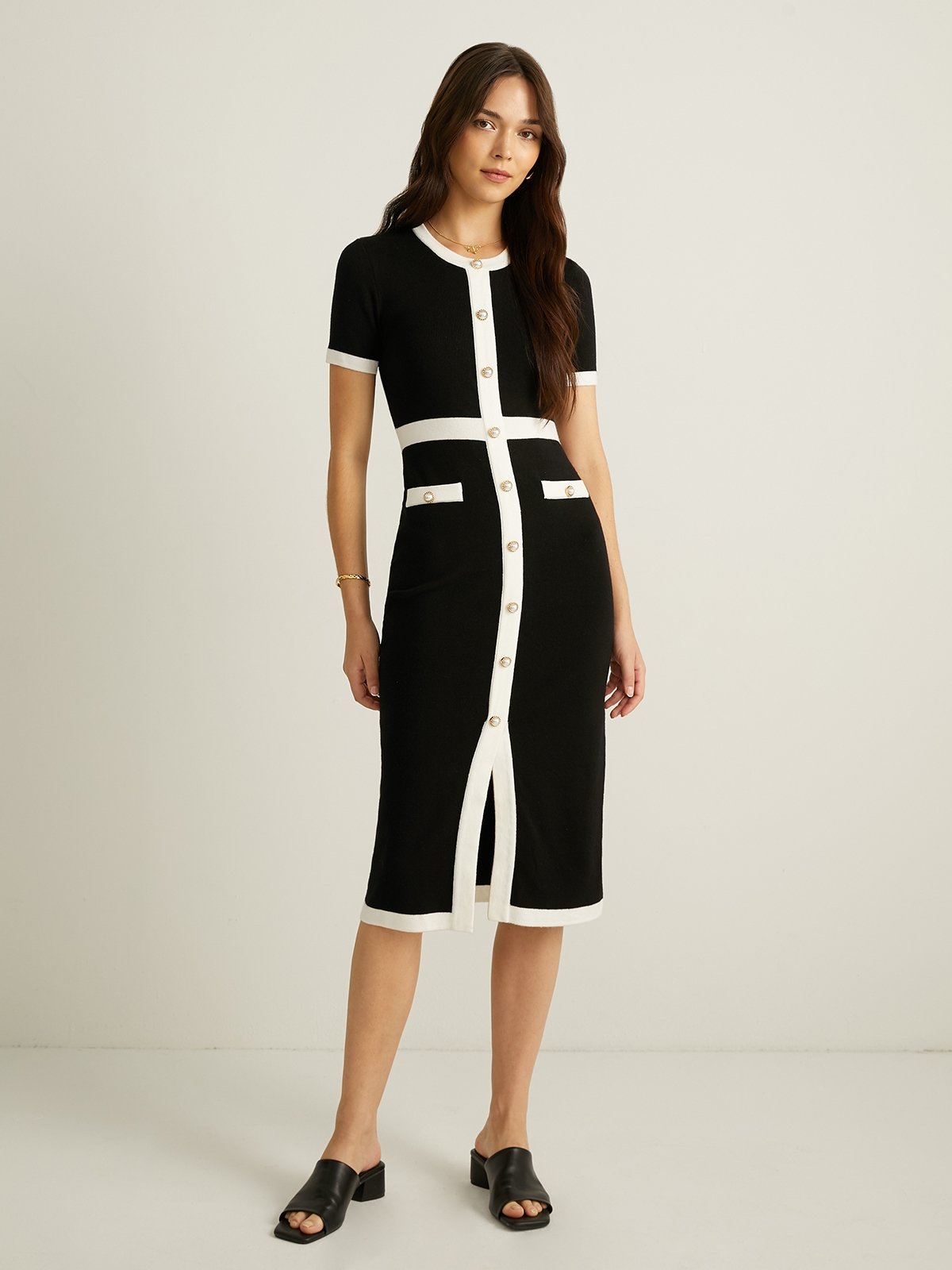 Contrast Trim Midi Dress Black