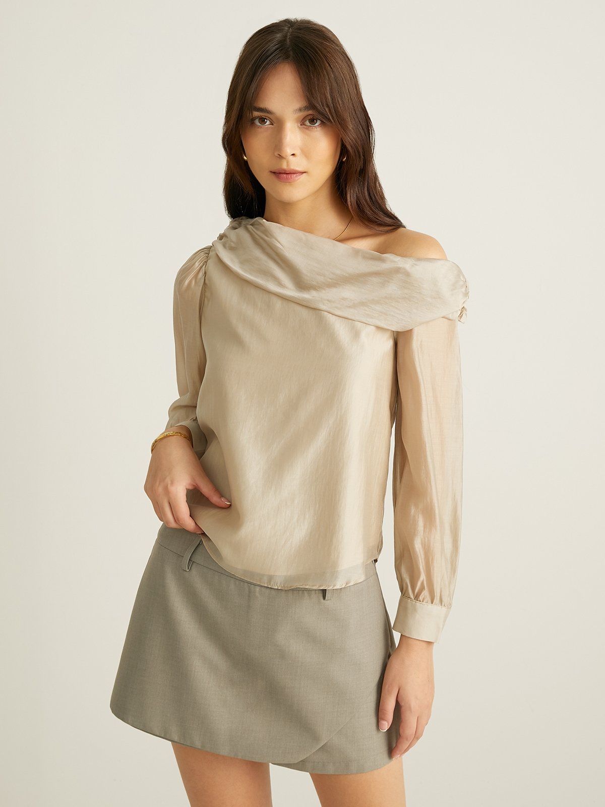 Sheer Asymmetric Blouse Mid Grey