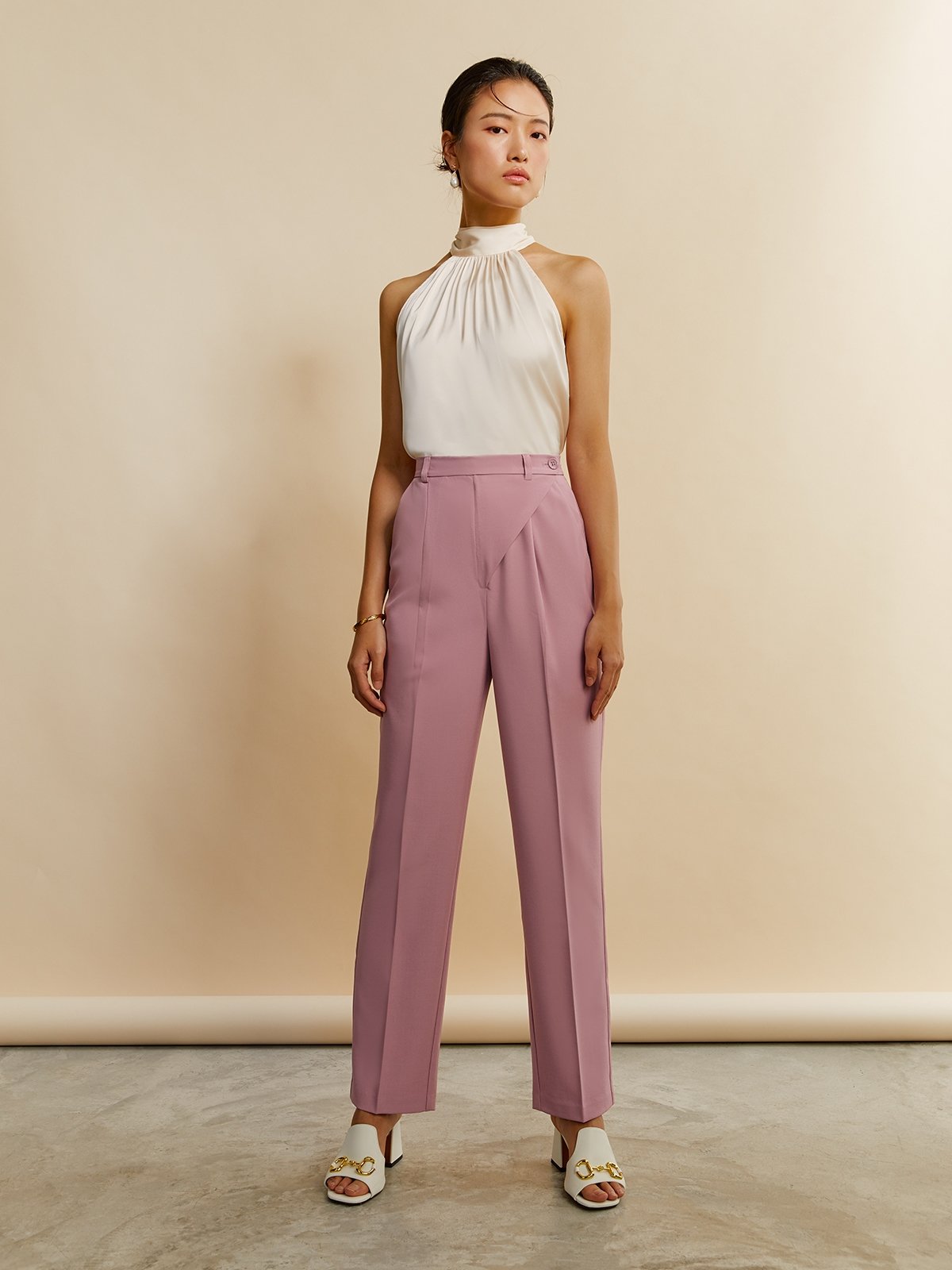 High Waist Straight Leg Pants - Light Pink - Pomelo Fashion