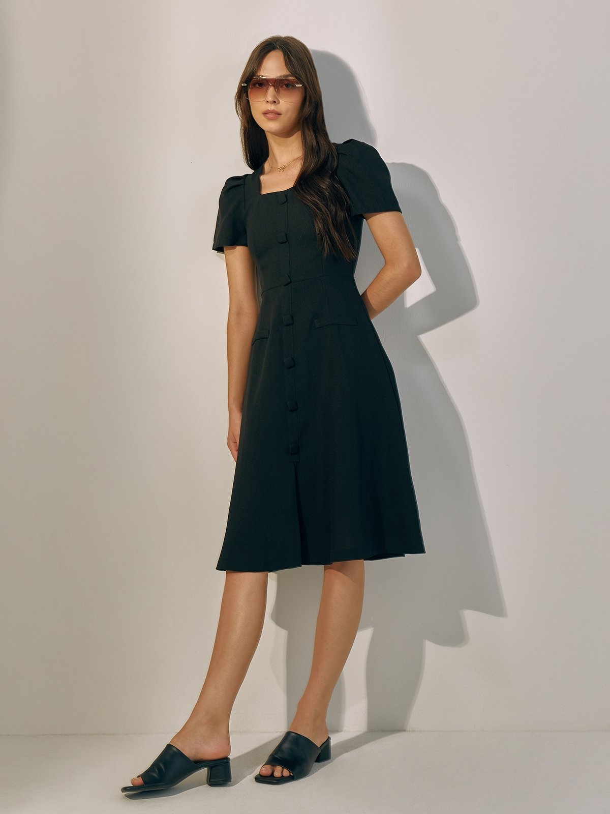 Black button midi dress shop