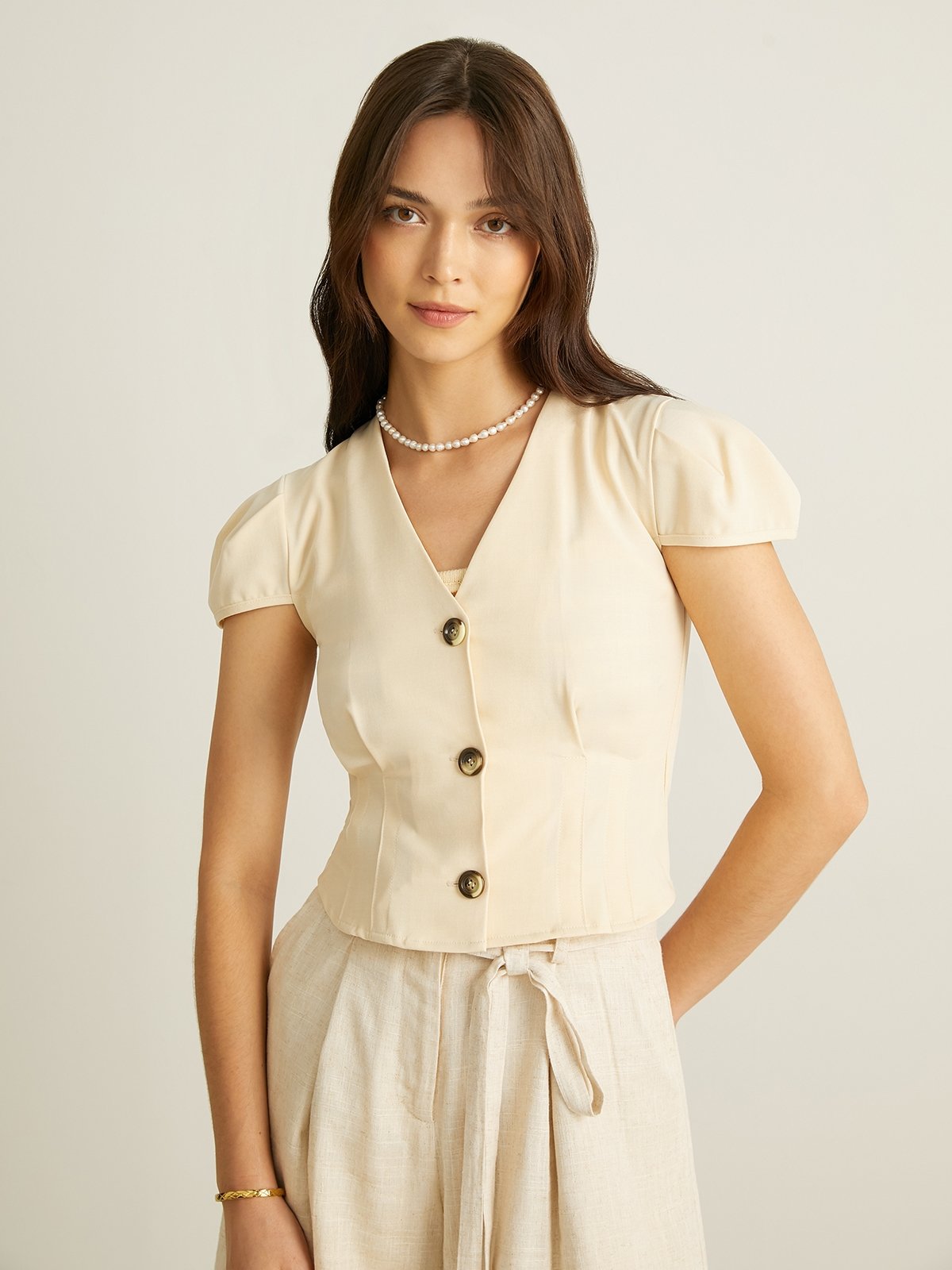 Beige v neck skirt top