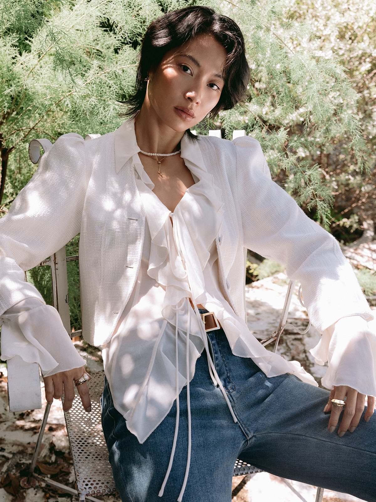 V neck Tweed Jacket White