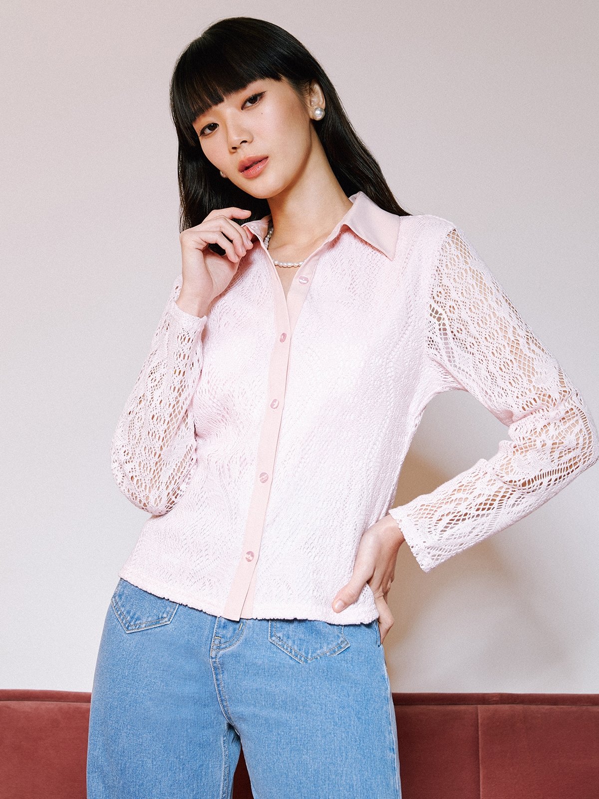 pink lace long sleeve shirt