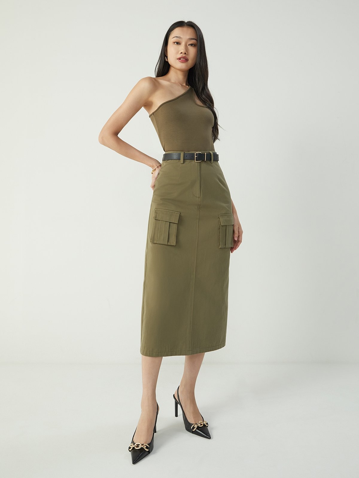 Front Pocket Midi Skirt Green Pomelo Fashion